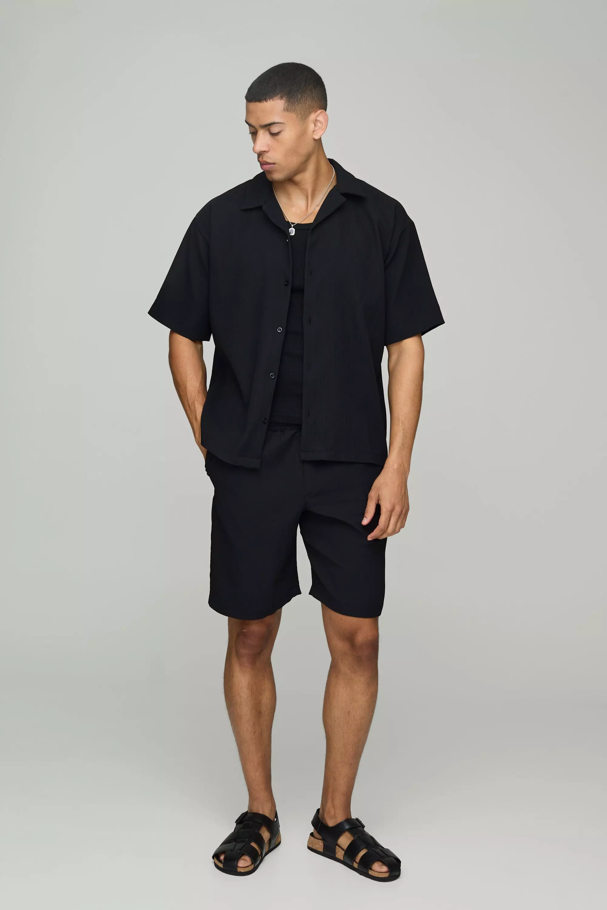Oversized Short Sleeve Pleated Shirt And Short Set | boohooMAN USA