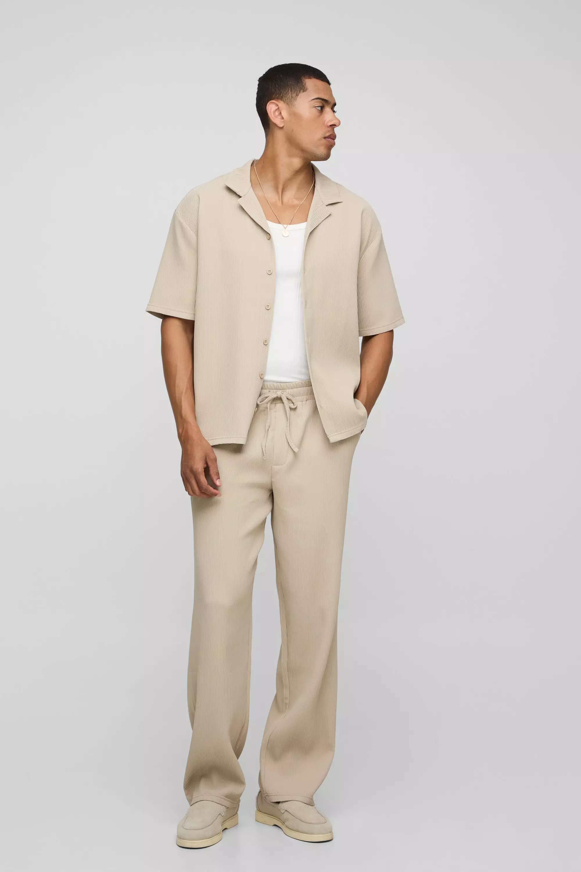 Oversized Revere Pleated Shirt & Trouser Set Taupe