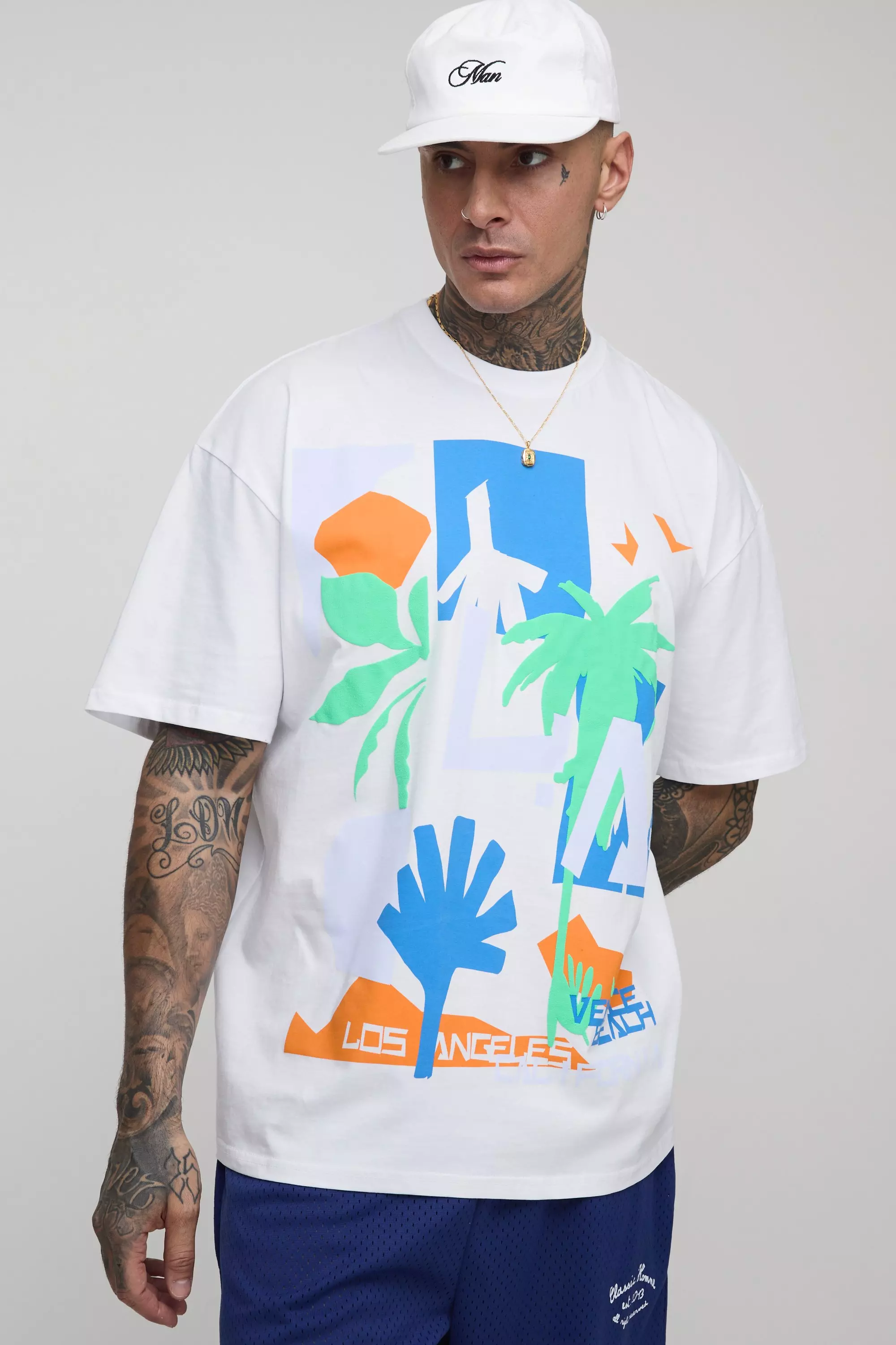 Tall Oversized Retro LA Palm Puff Print T-Shirt | boohooMAN USA