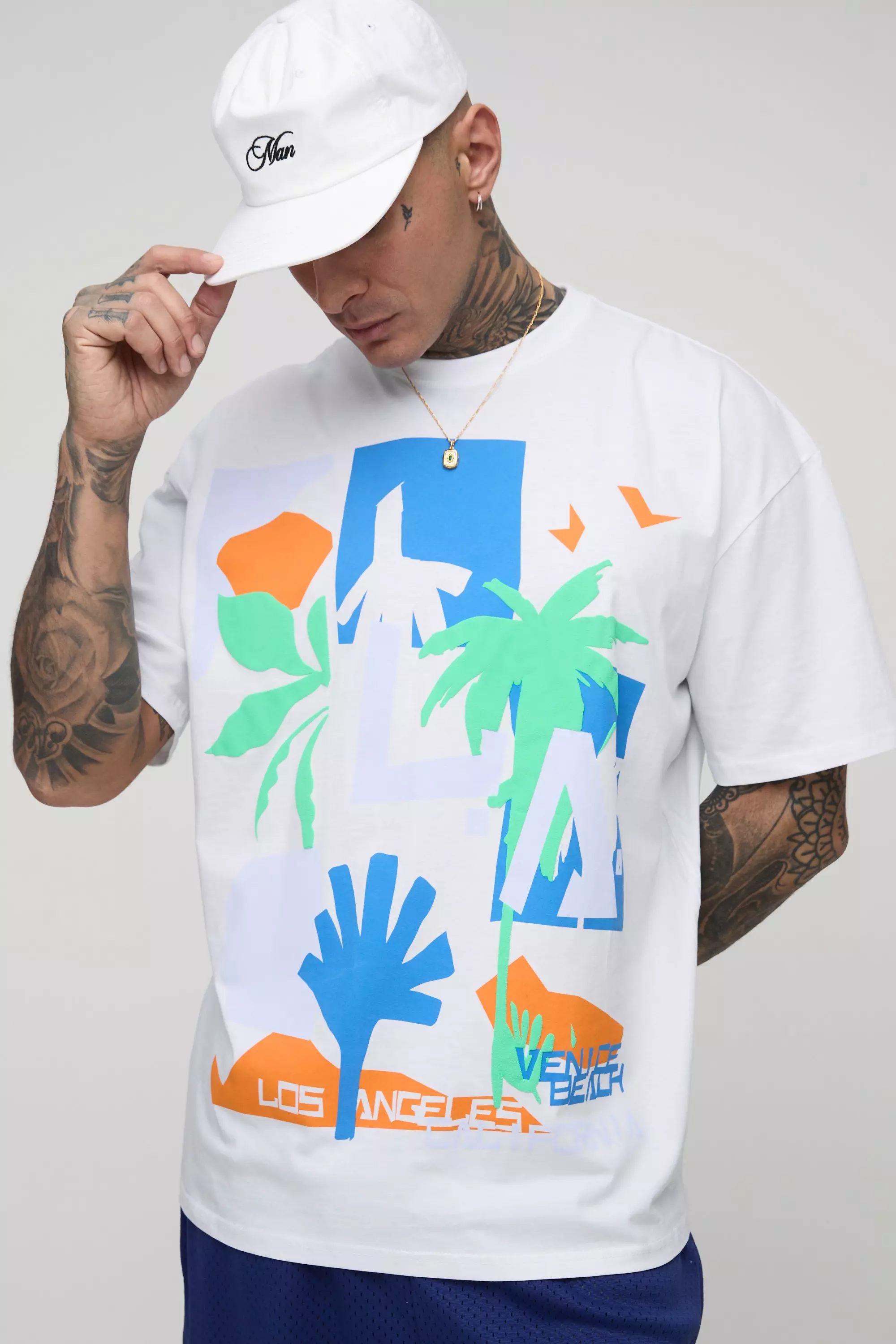 Tall Oversized Retro LA Palm Puff Print T-Shirt | boohooMAN USA