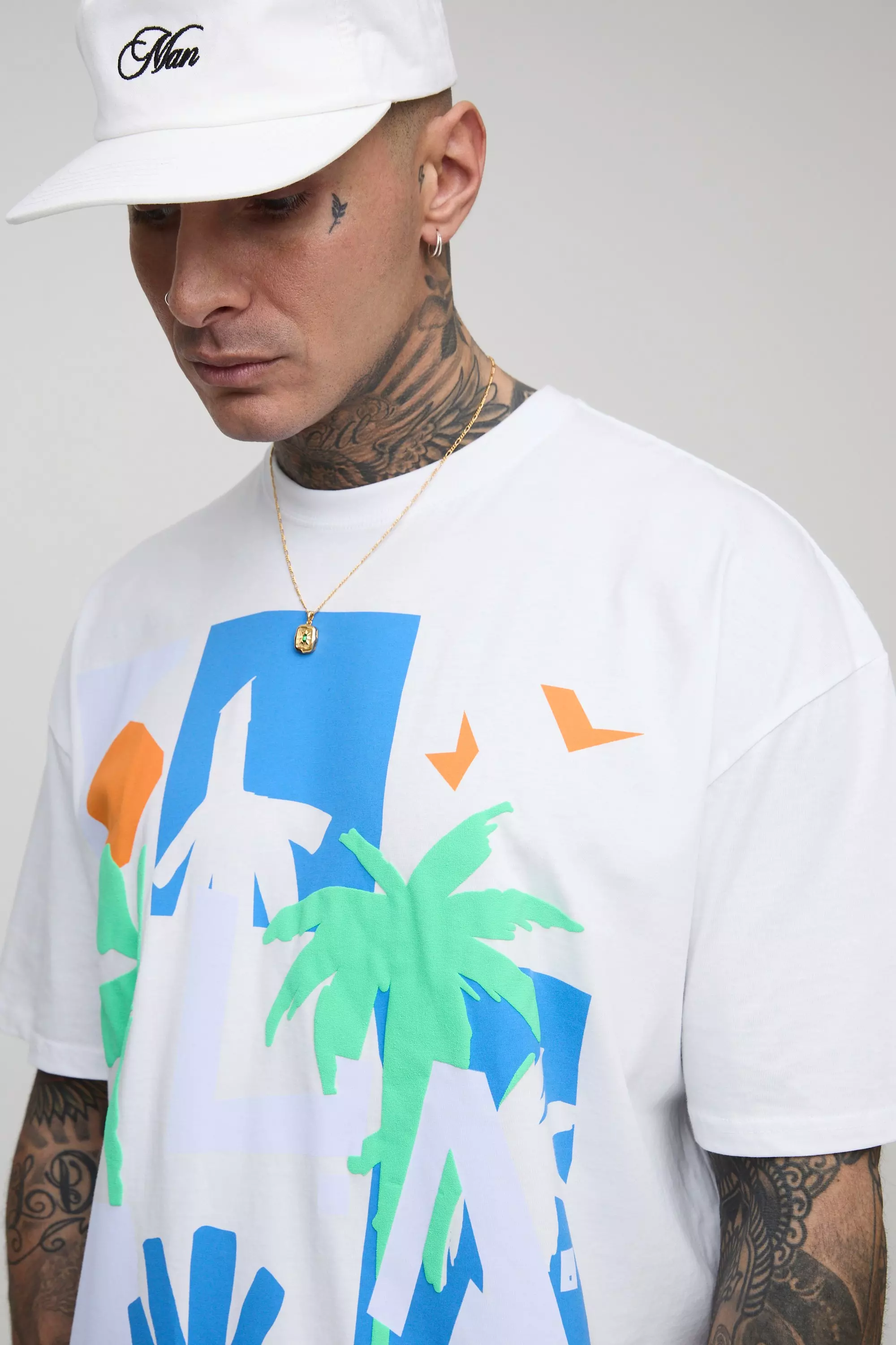 Tall Oversized Retro LA Palm Puff Print T-Shirt | boohooMAN USA