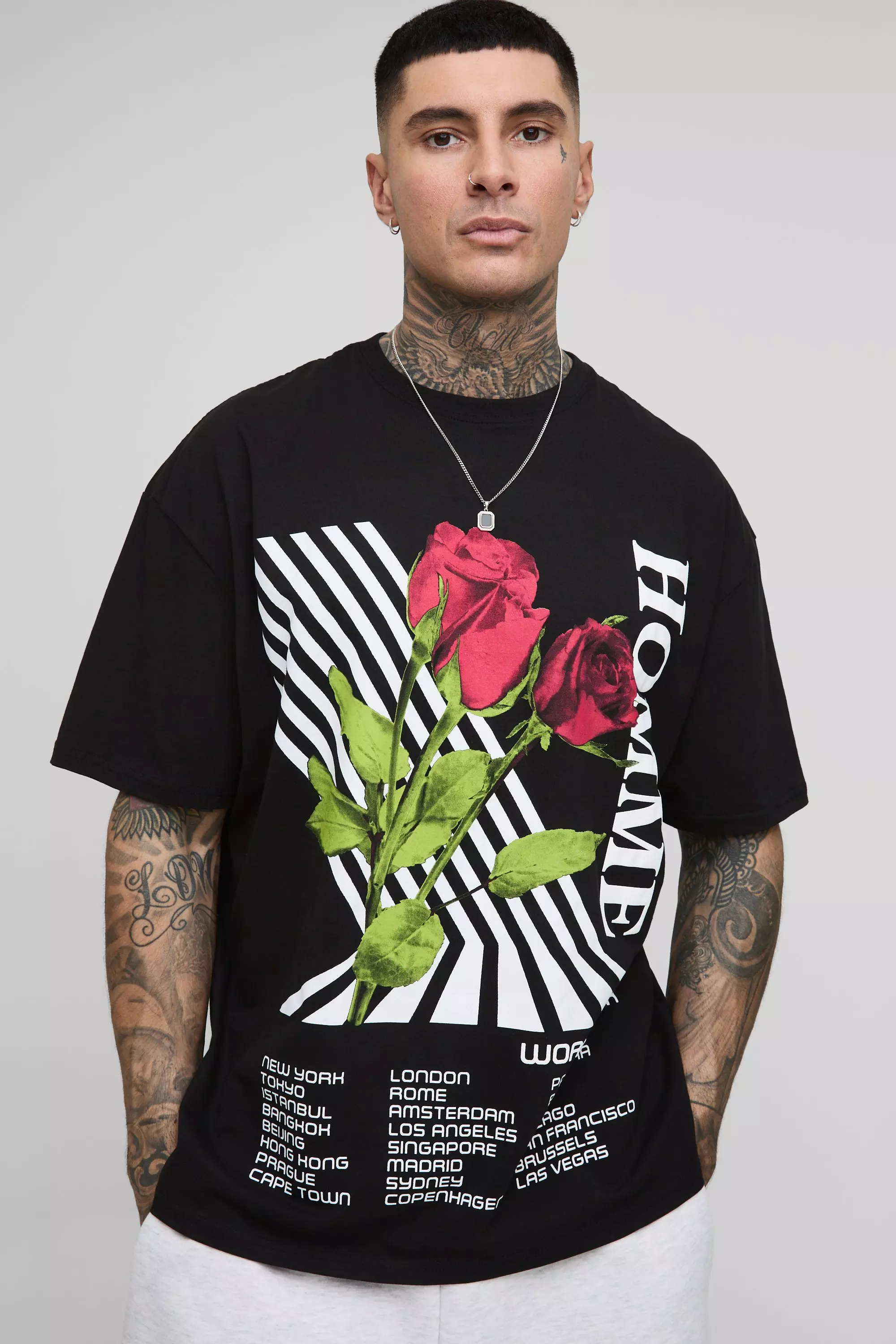 Tall Oversized Floral Puff Print T-Shirt Black