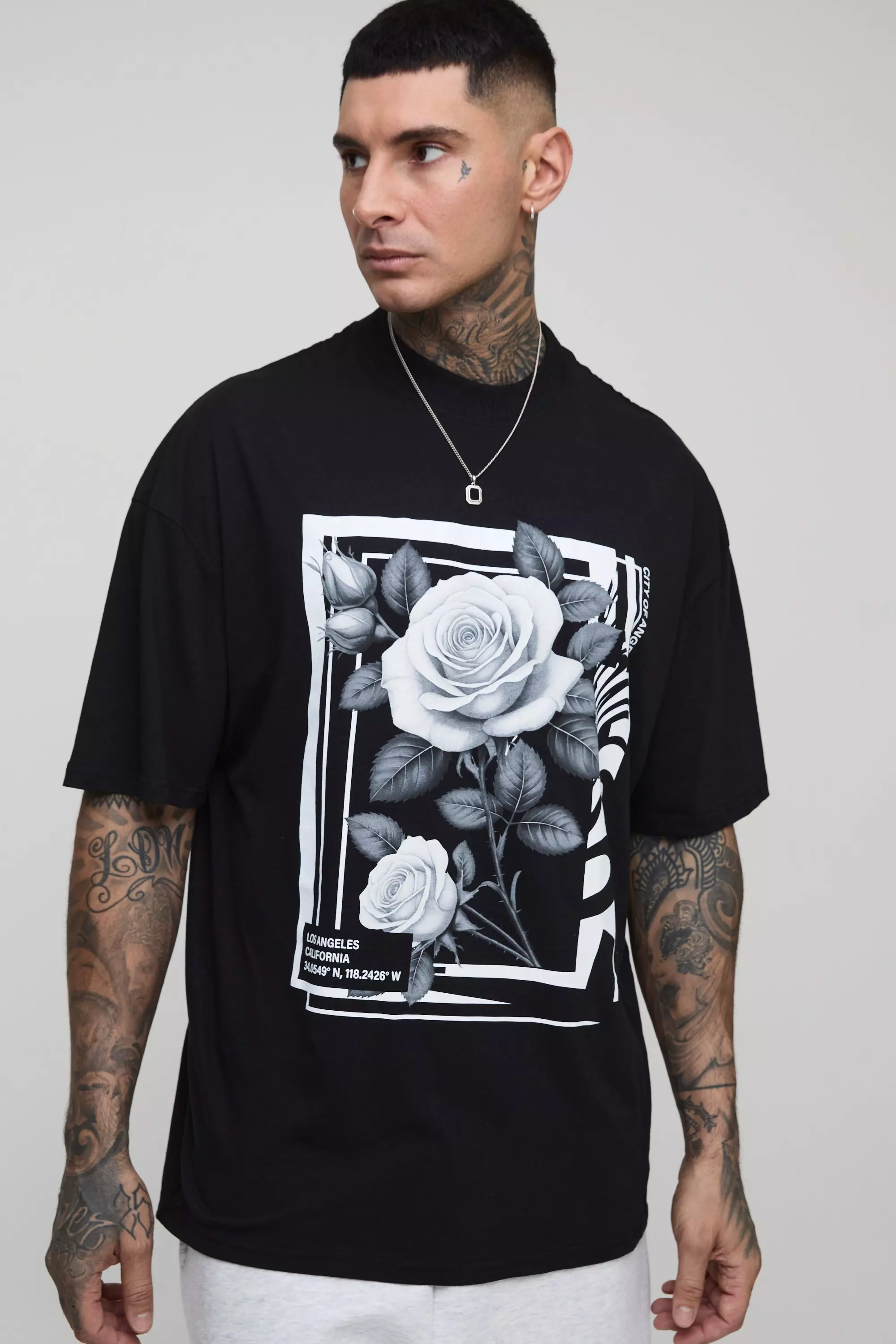 Tall Oversized Extended Neck Floral Print T-Shirt Black
