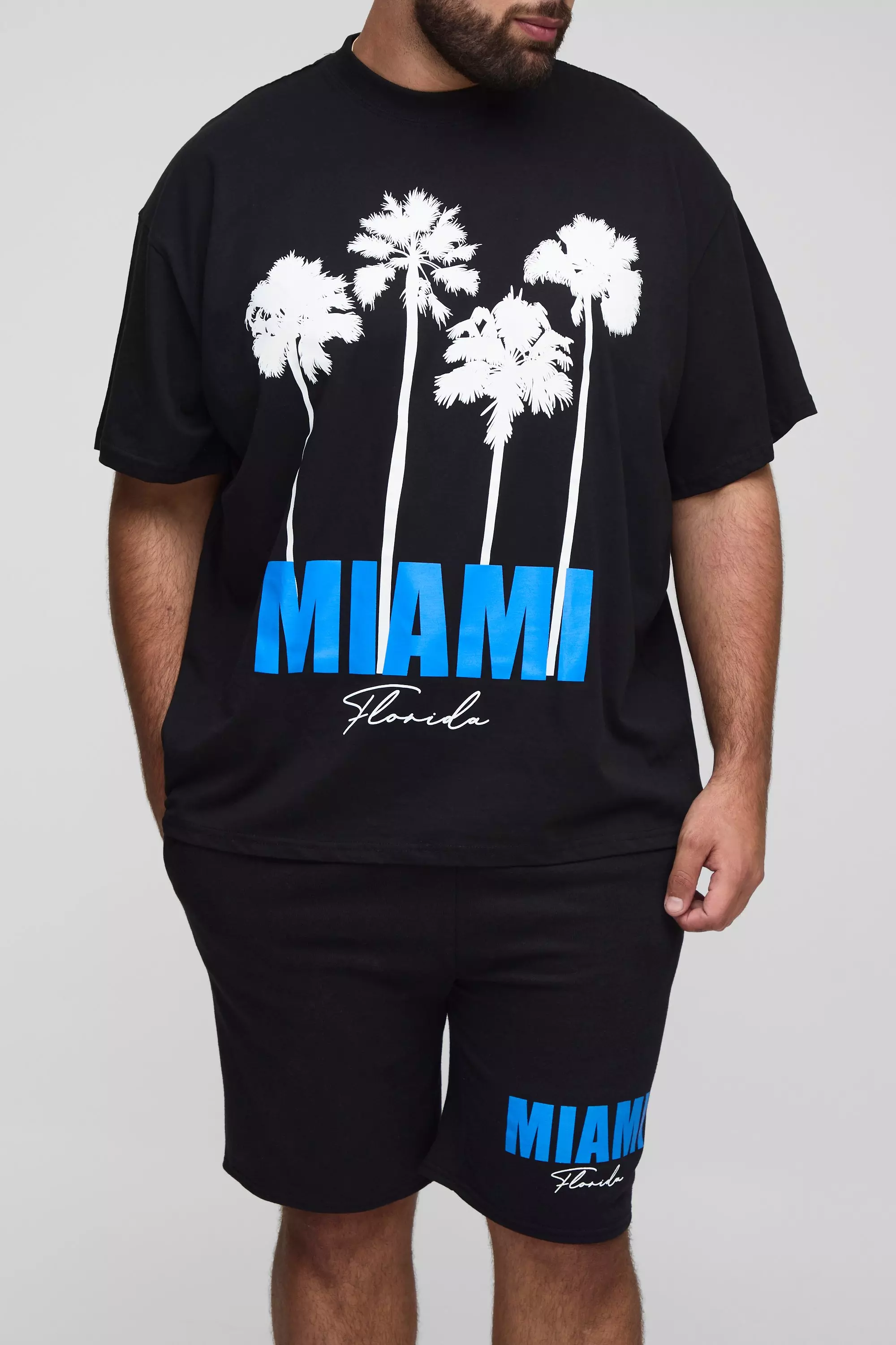 Plus Oversized Extended Neck Miami Palm Print T-Shirt & Slim Short Set Black