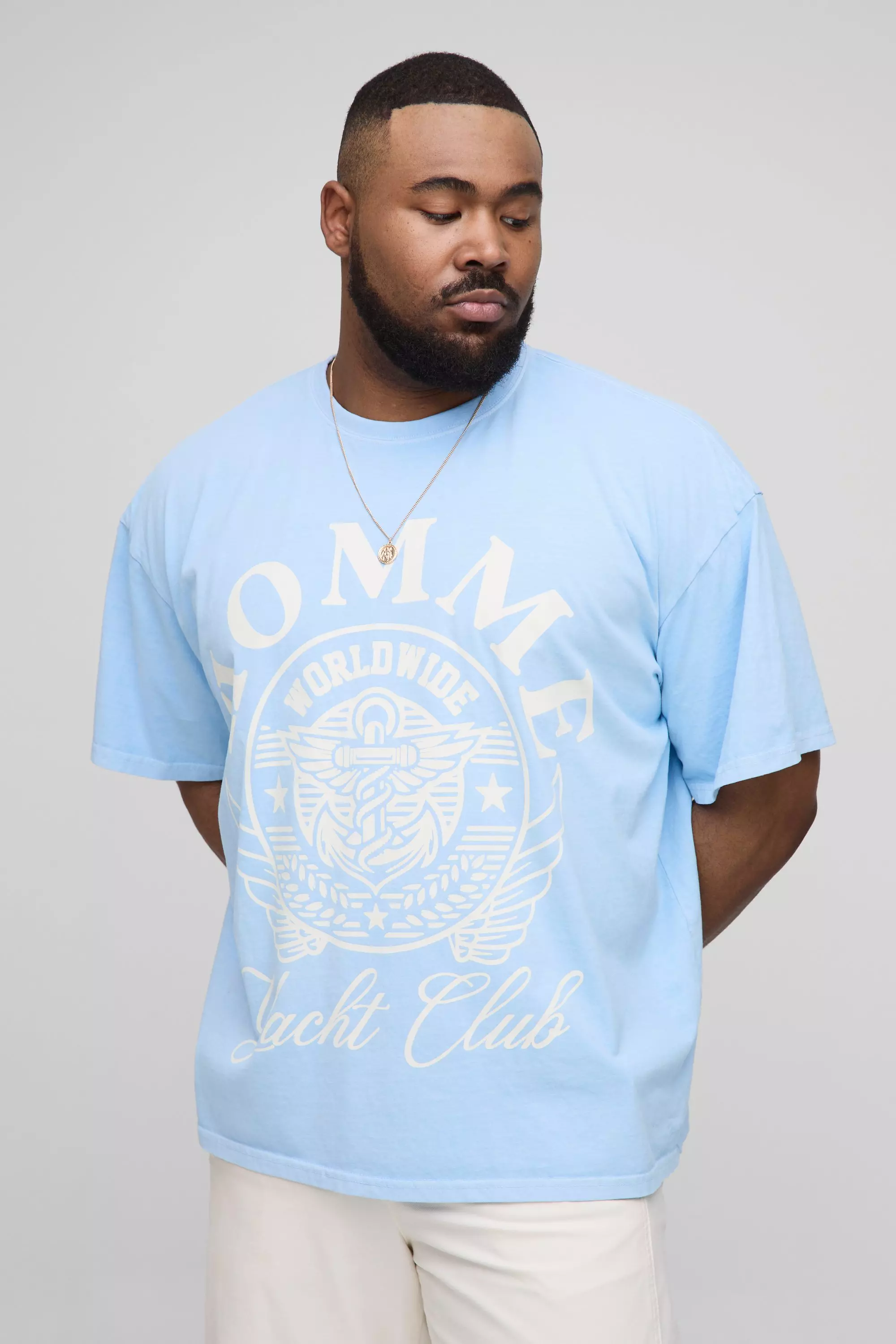 Plus Oversized Homme Varsity Print Overdye T-Shirt Light blue