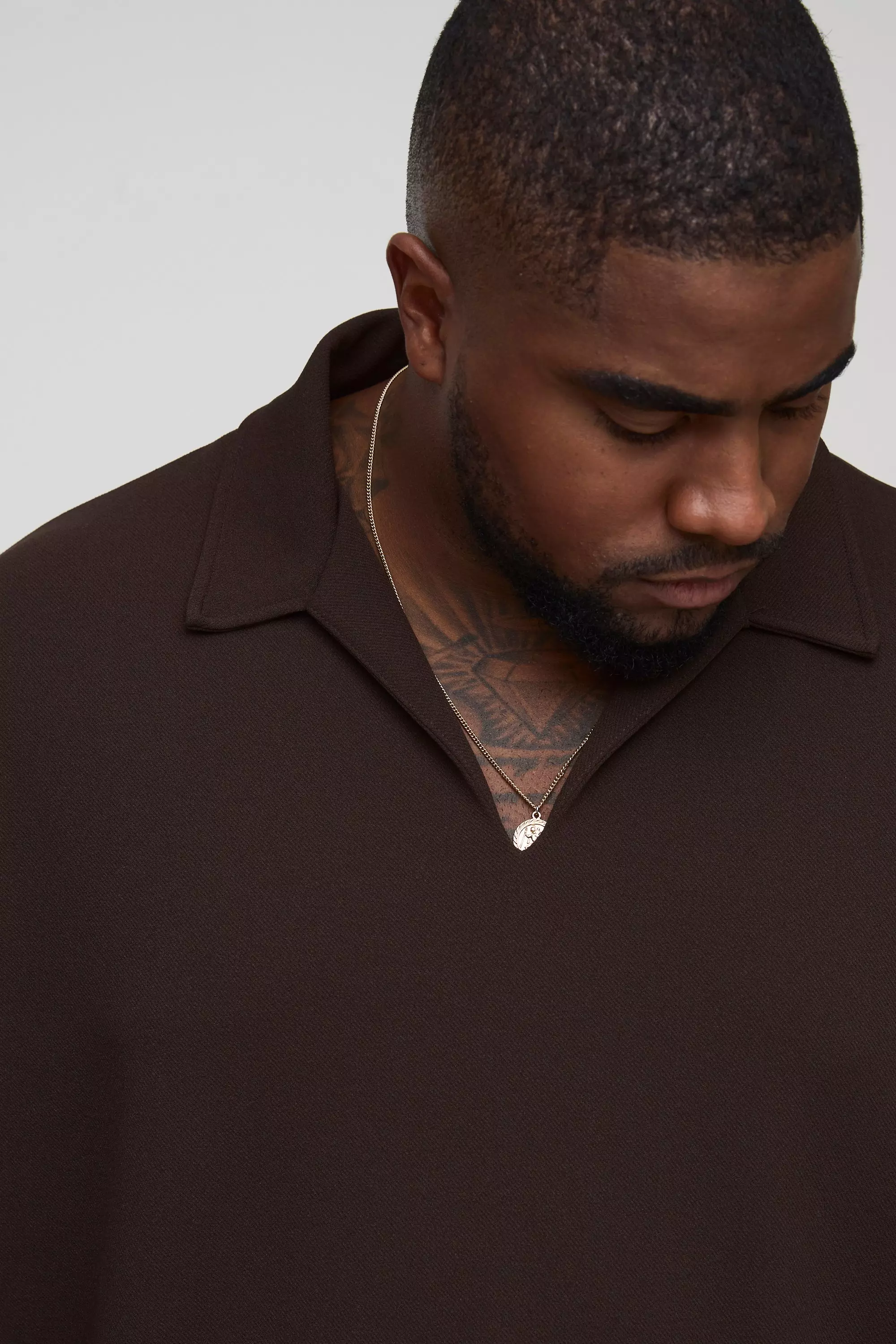 Plus Scuba Twill Oversized V Neck Shirt | boohooMAN USA