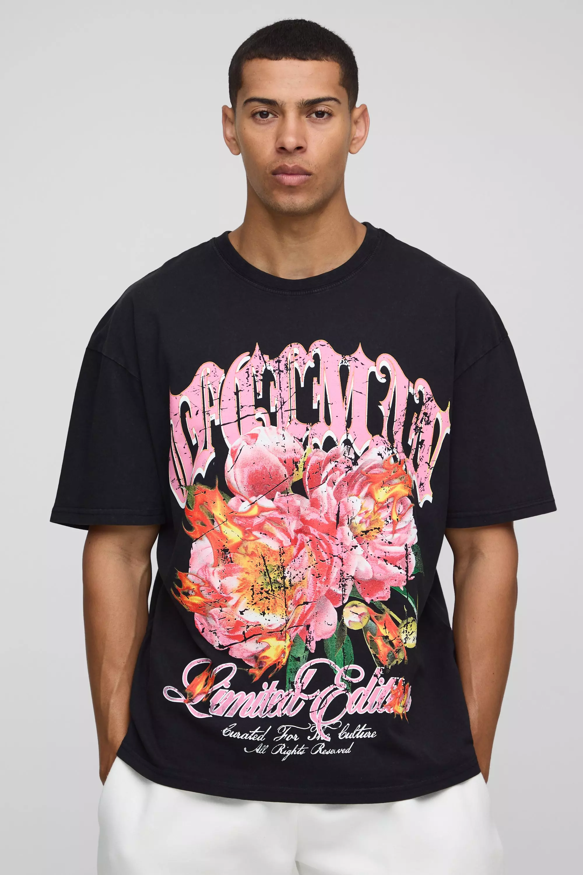 Black Oversized Washed Extended Neck Official Gothic Floral Printed T-Shirt Black