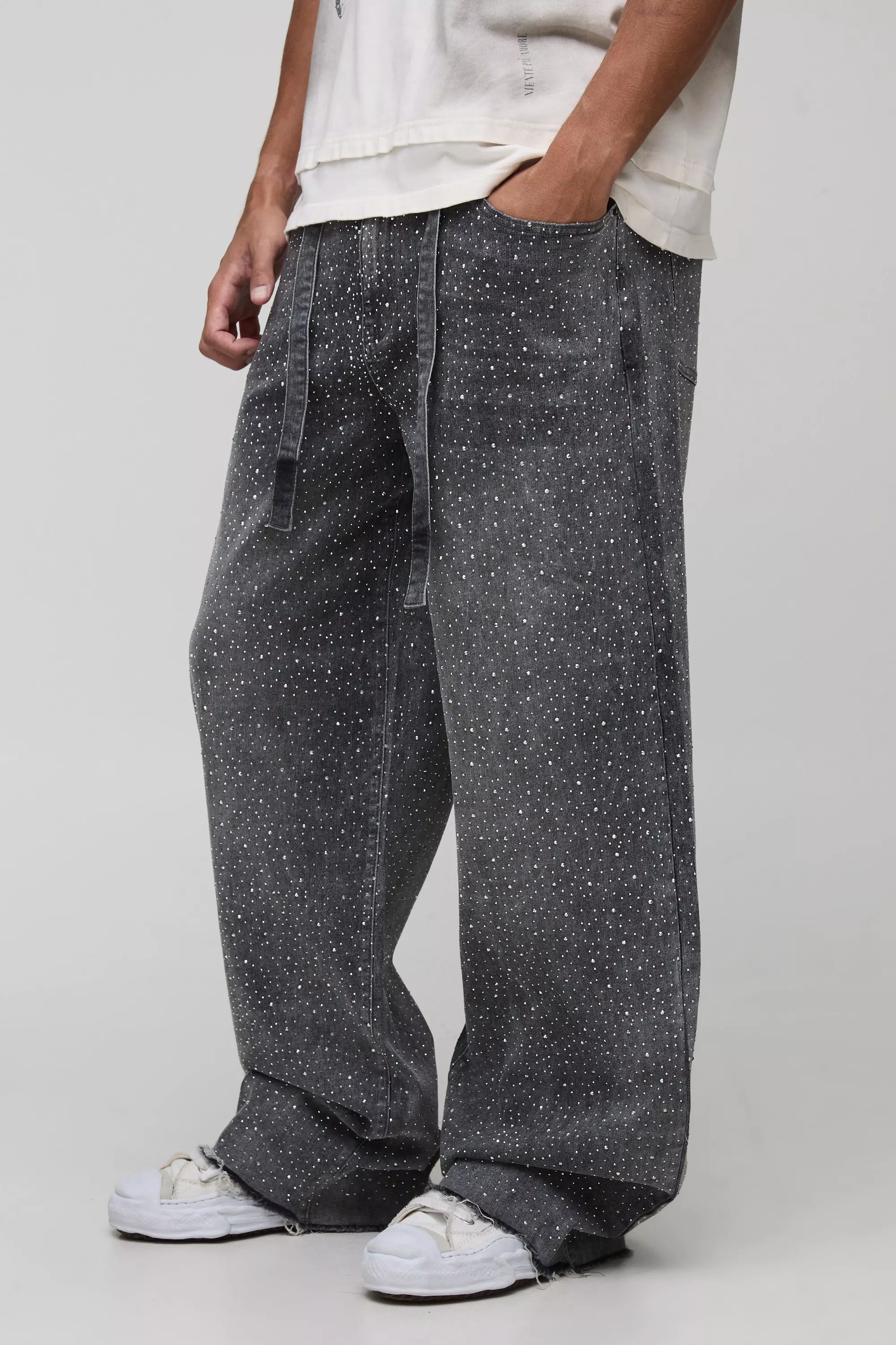 Tall Belted All Over Rhinestone Baggy Fit Jeans | boohooMAN USA