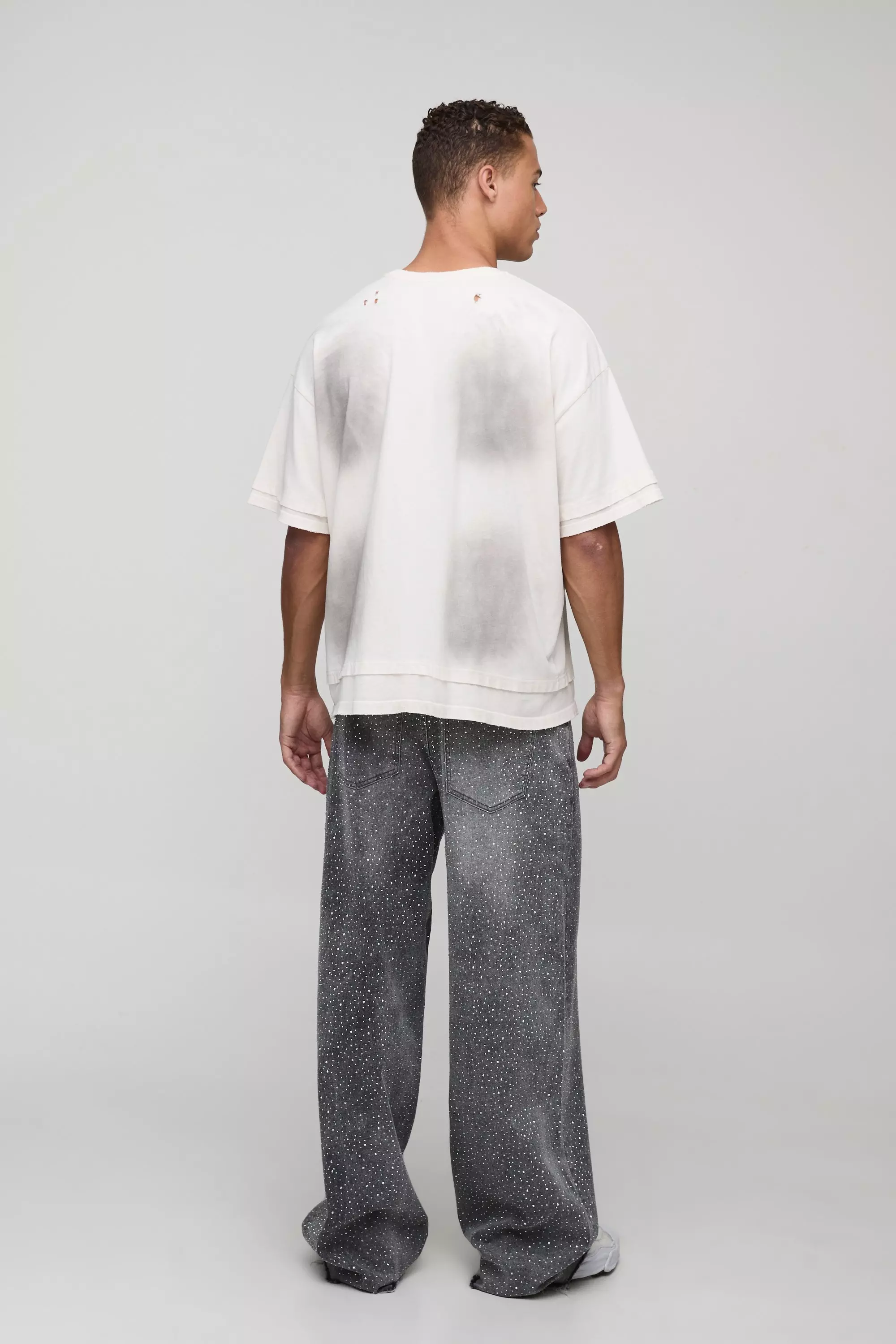 Tall Belted All Over Rhinestone Baggy Fit Jeans | boohooMAN USA
