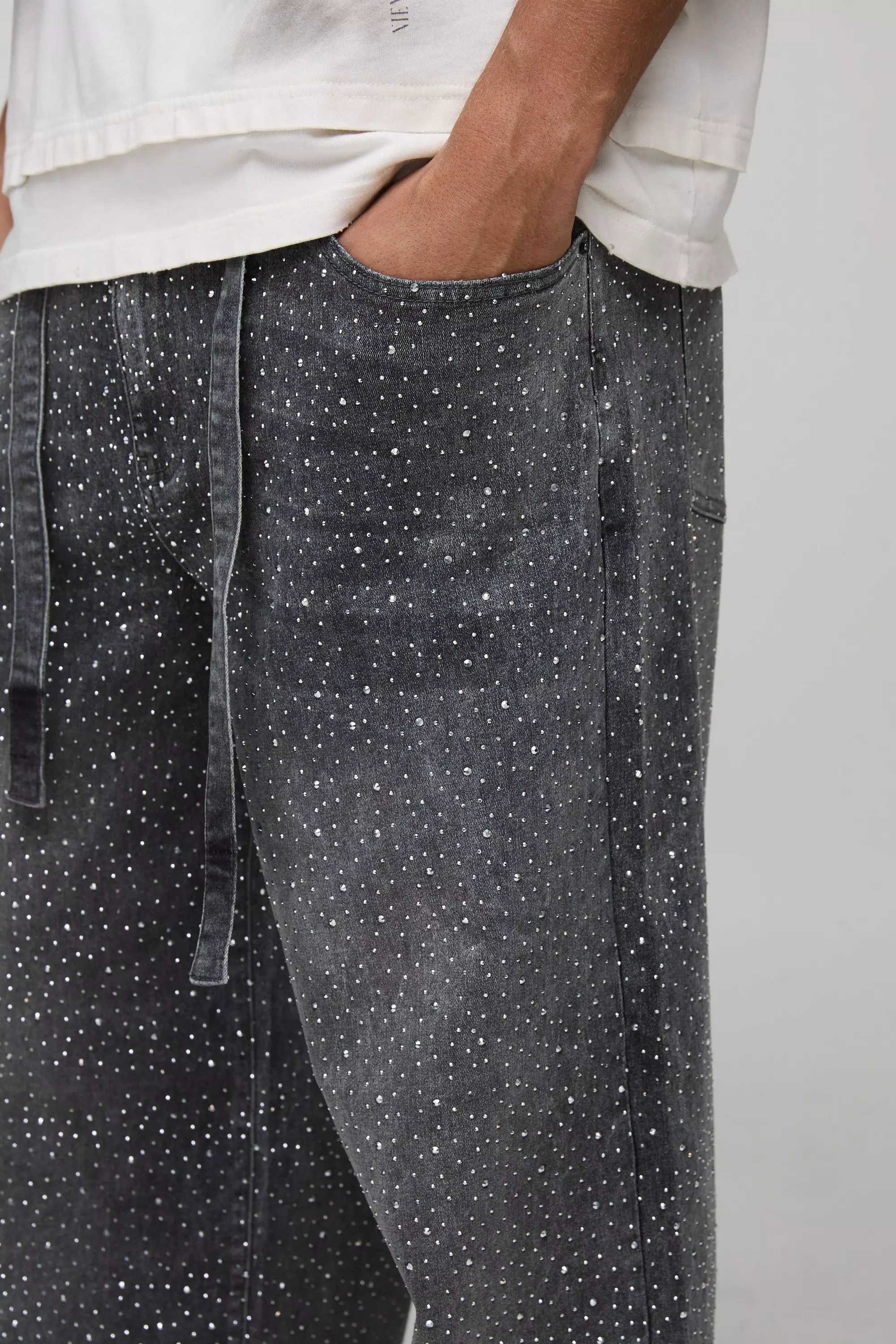 Tall Belted All Over Rhinestone Baggy Fit Jeans | boohooMAN USA