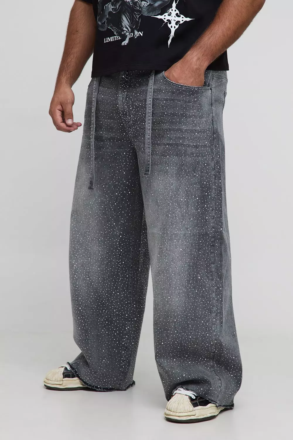 Plus Belted All Over Rhinestone Baggy Fit Jeans | boohooMAN USA