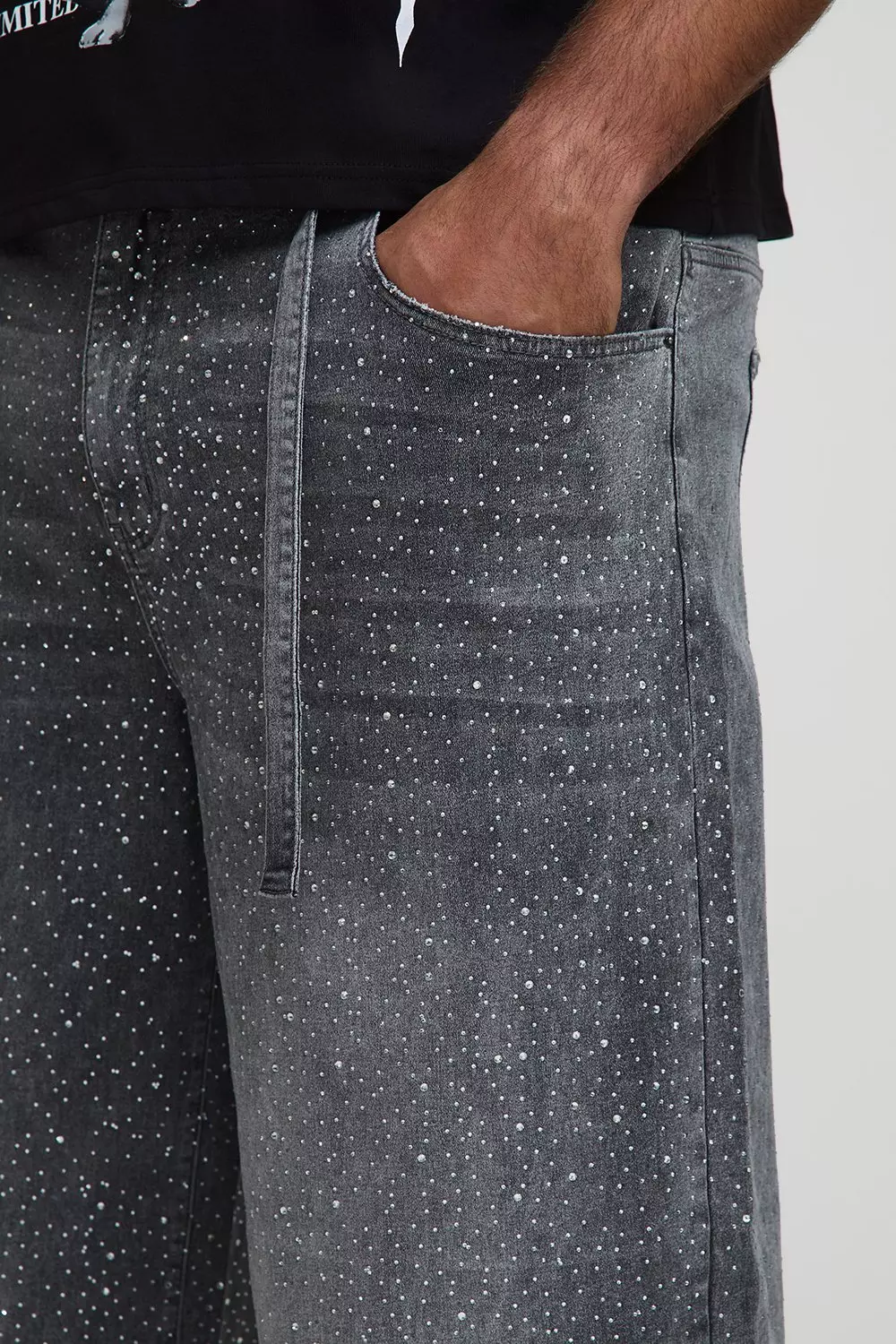 Plus Belted All Over Rhinestone Baggy Fit Jeans | boohooMAN USA