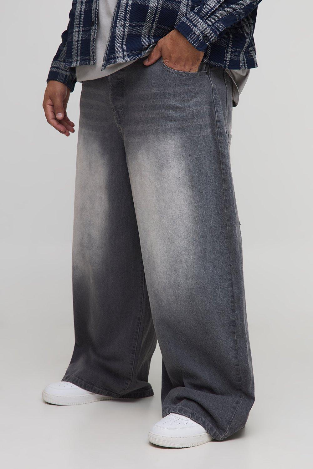 Plus Parachute Extreme Washed Woven Tab Jeans | boohooMAN USA