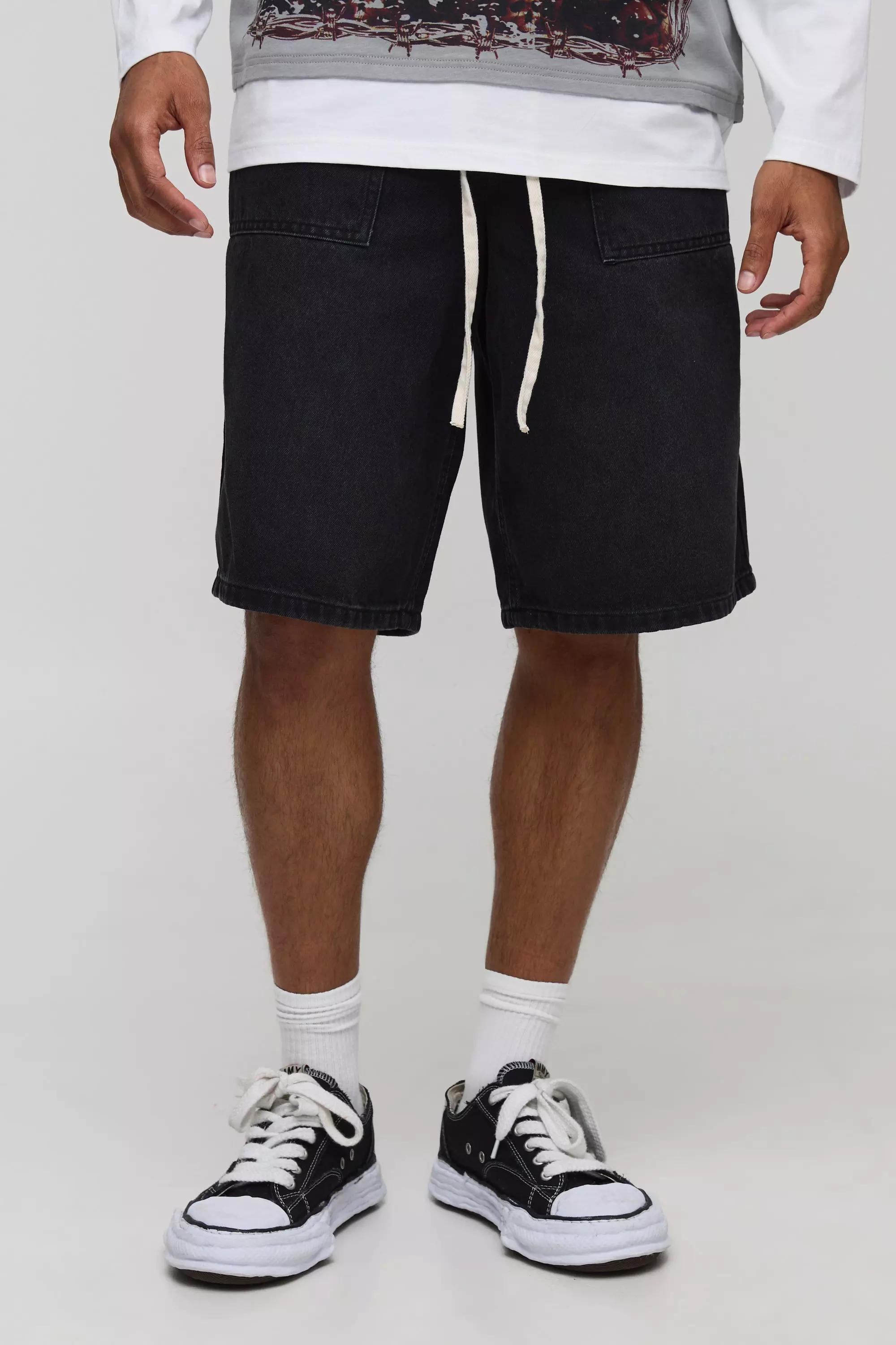 Contrast Stitch Drawcord Rigid Denim Jorts | boohooMAN USA