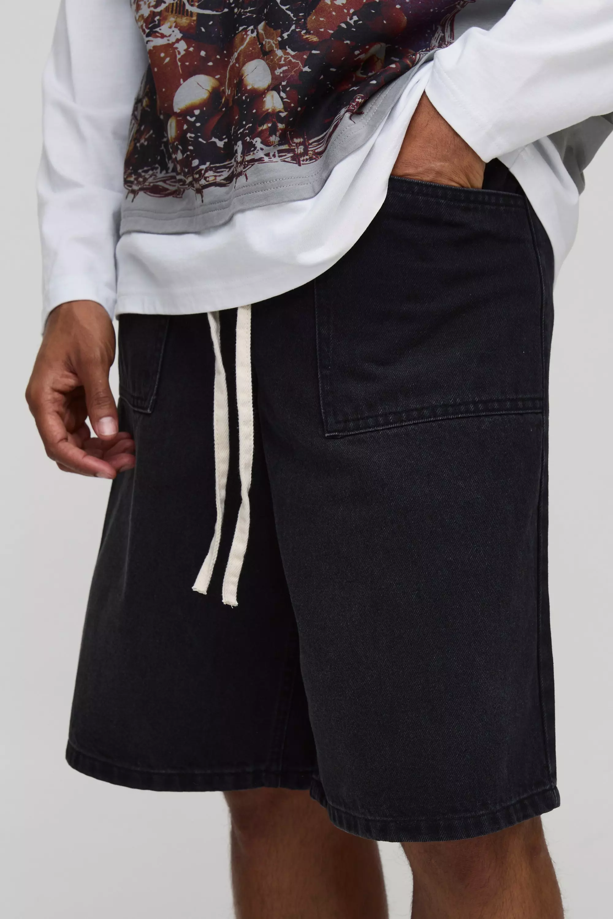 Contrast Stitch Drawcord Rigid Denim Jorts | boohooMAN USA
