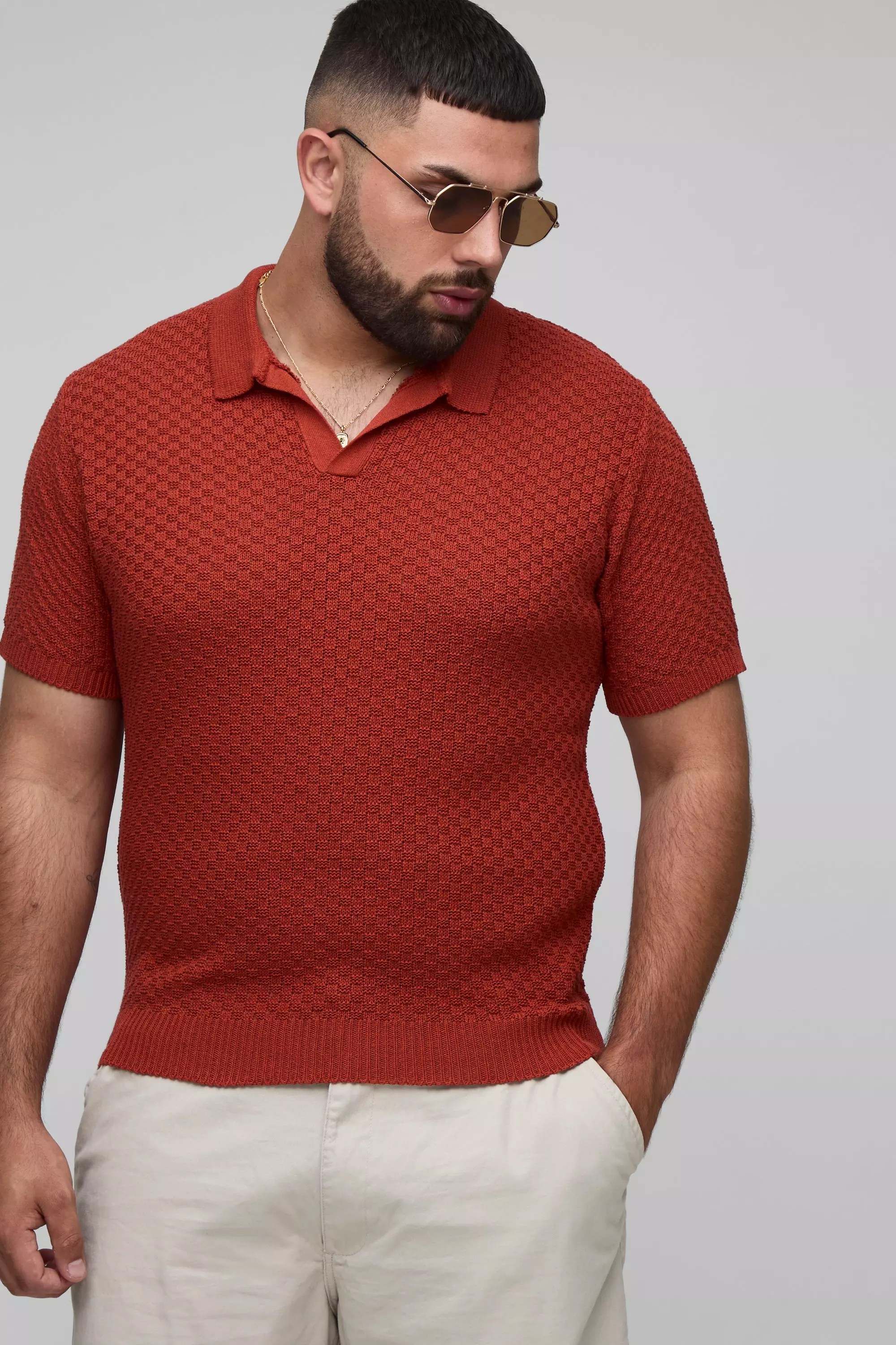Orange Plus Oversized Boxy Micro Check Crochet Polo Shirt