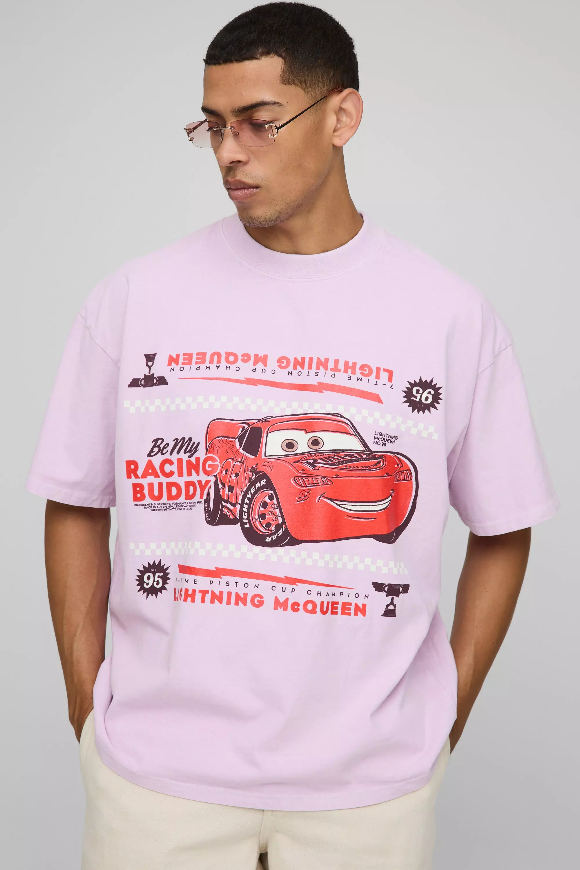 Pink Oversized Disney Lightning McQueen Washed License T-Shirt Pink