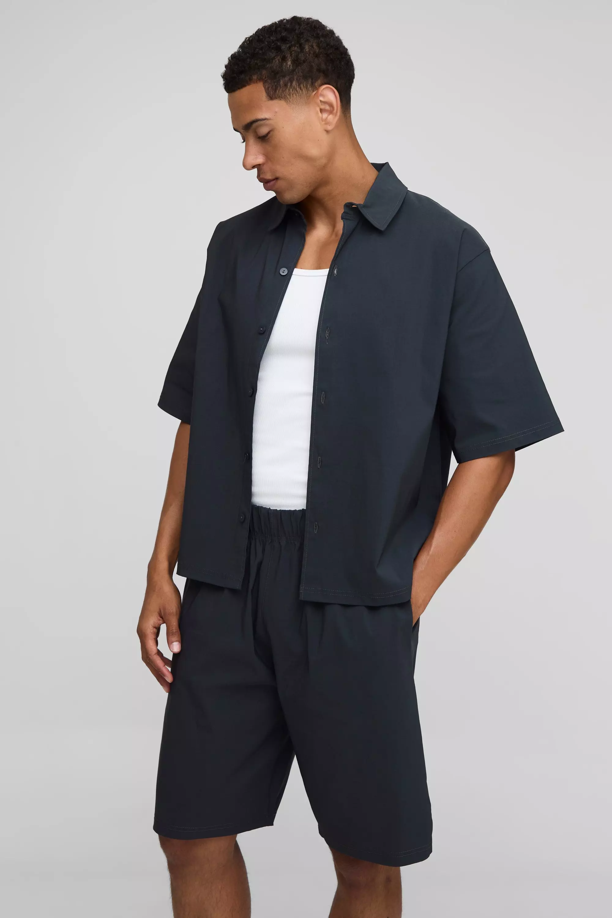 Oversized Half Sleeve Tech Stretch Shirt & Bermuda Short Set | boohooMAN USA