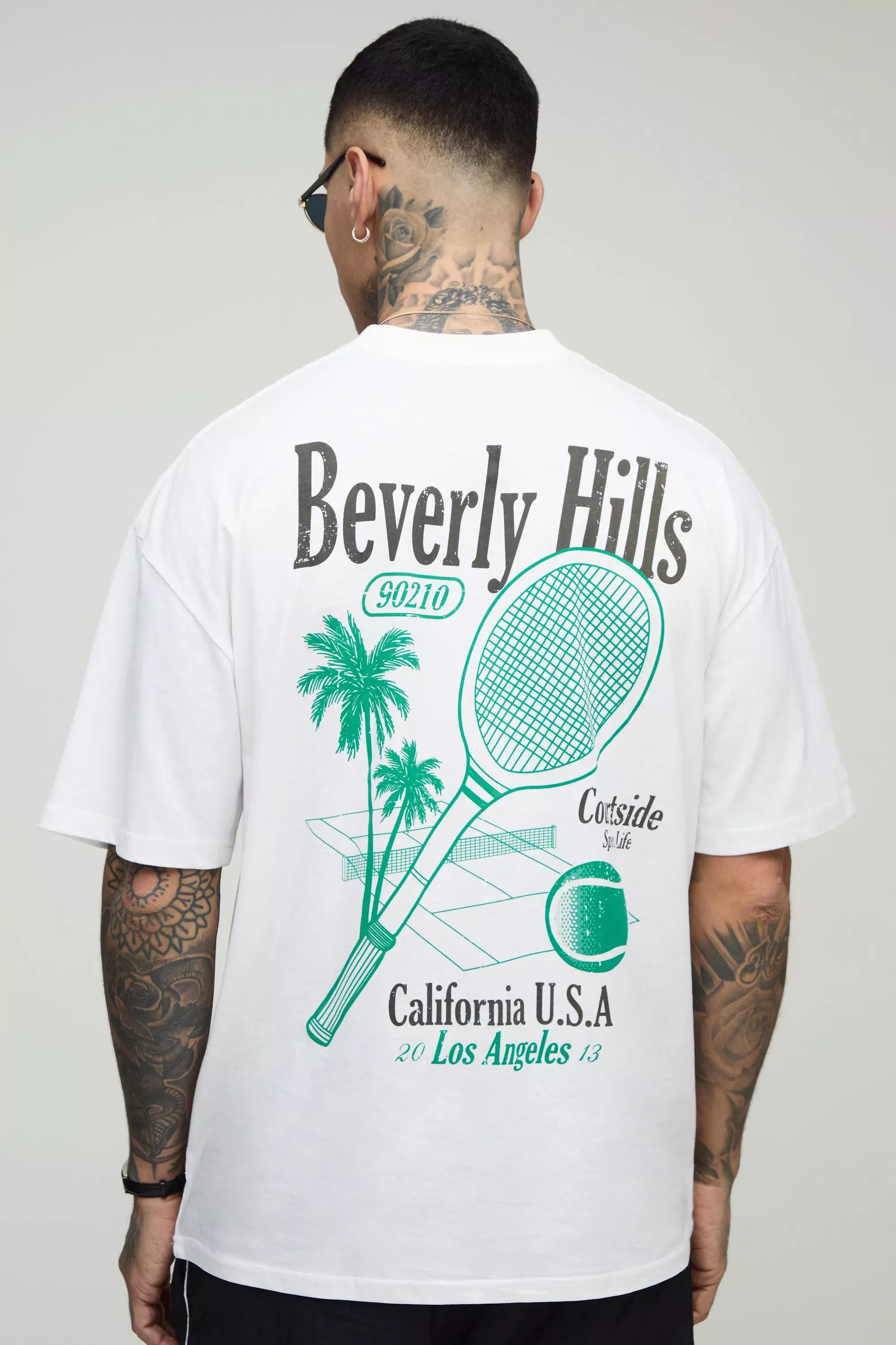 Tall Oversized Beverly Hills Courtside Palm Printed T-Shirt White