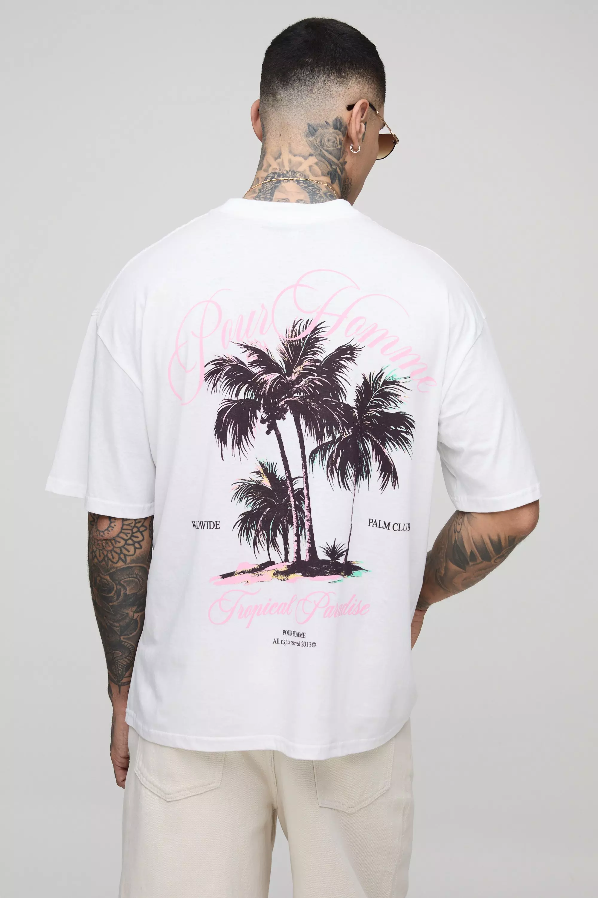Tall Oversized Tropical Paradise Printed T-Shirt White