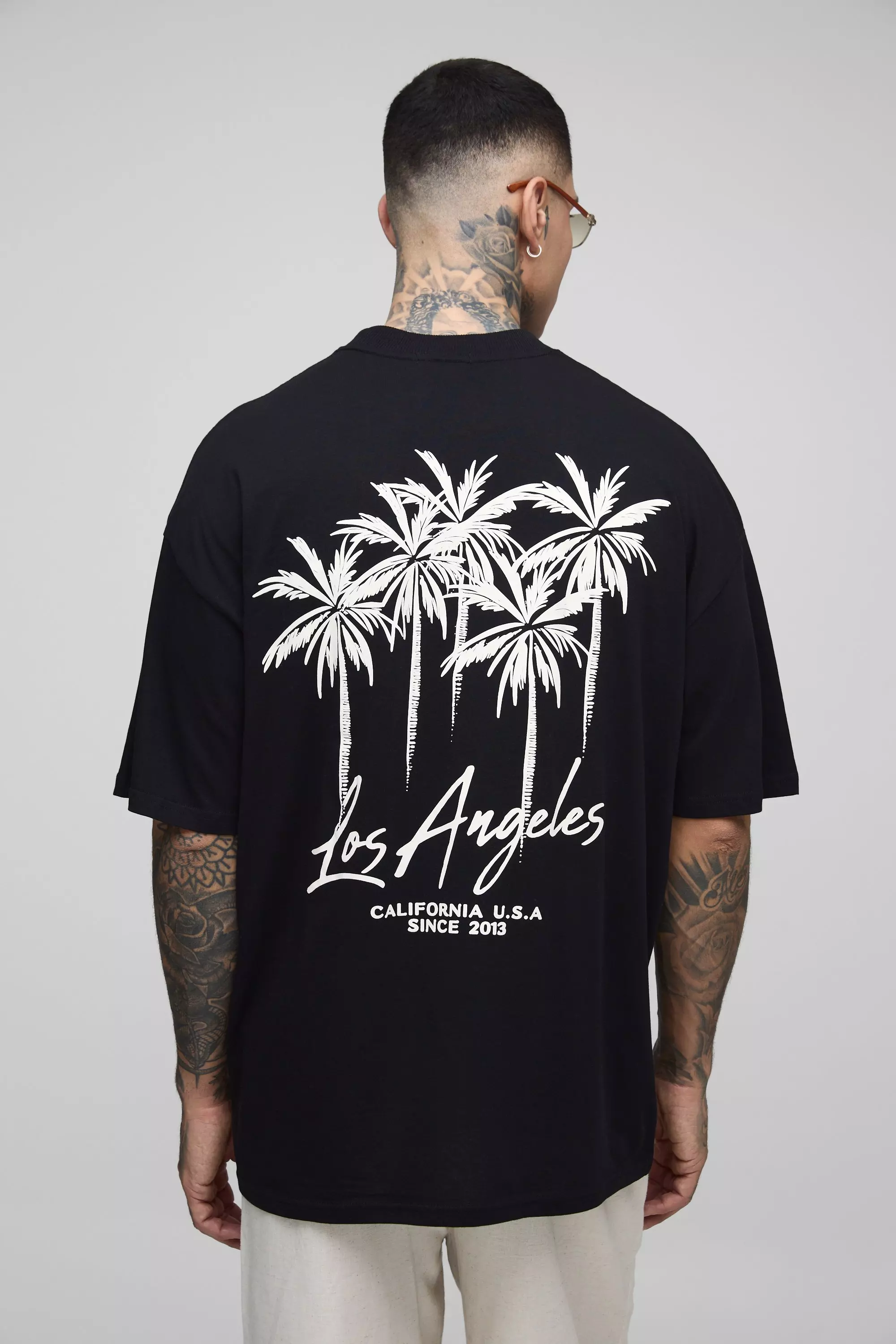 Tall Oversized Los Angeles Palm Printed T-Shirt Black