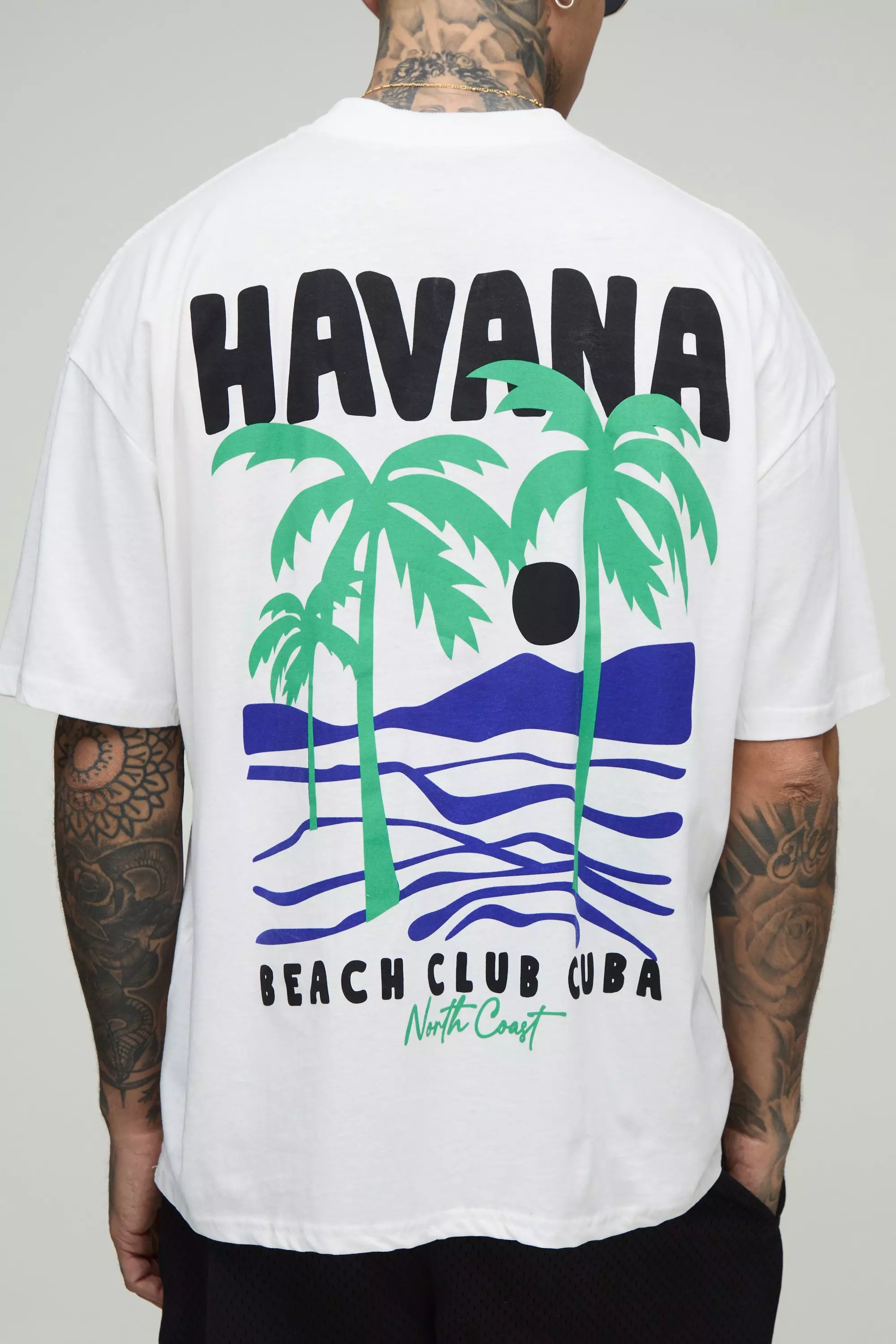 Tall Oversized Havana Palm Printed T-Shirt White