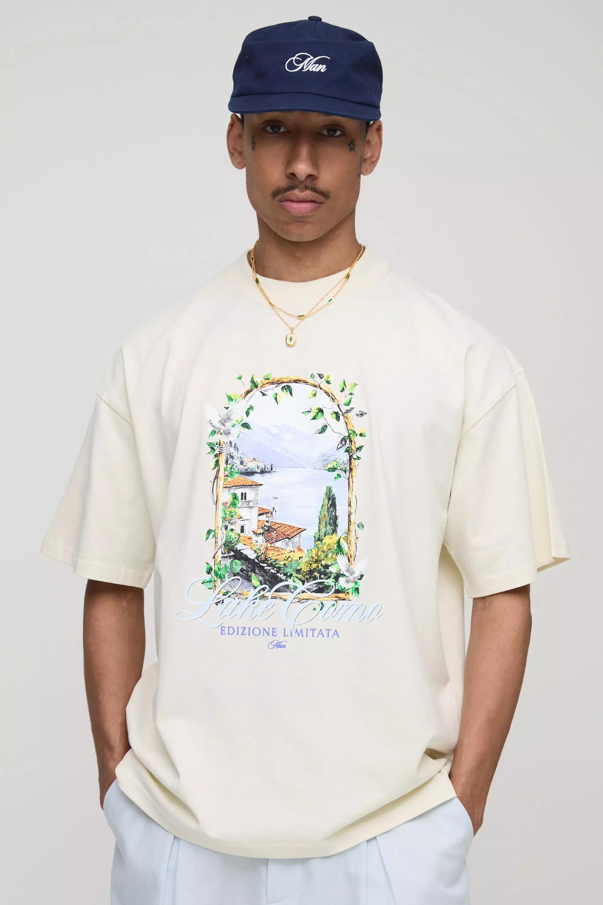 Ecru Oversized Extended Neck Lake Como Window Printed T-Shirt Ecru