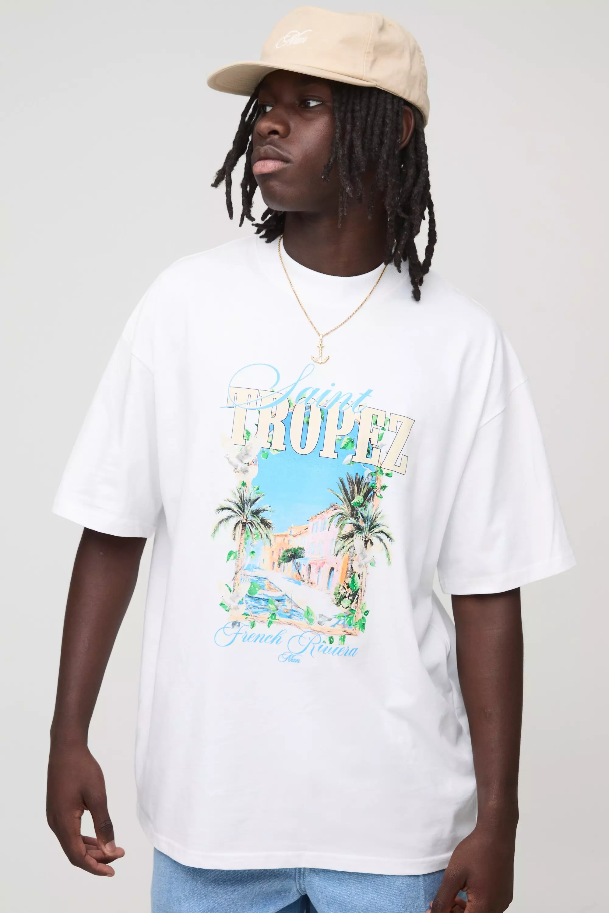 White Oversized Extended Neck Saint Tropez Window Printed T-Shirt White