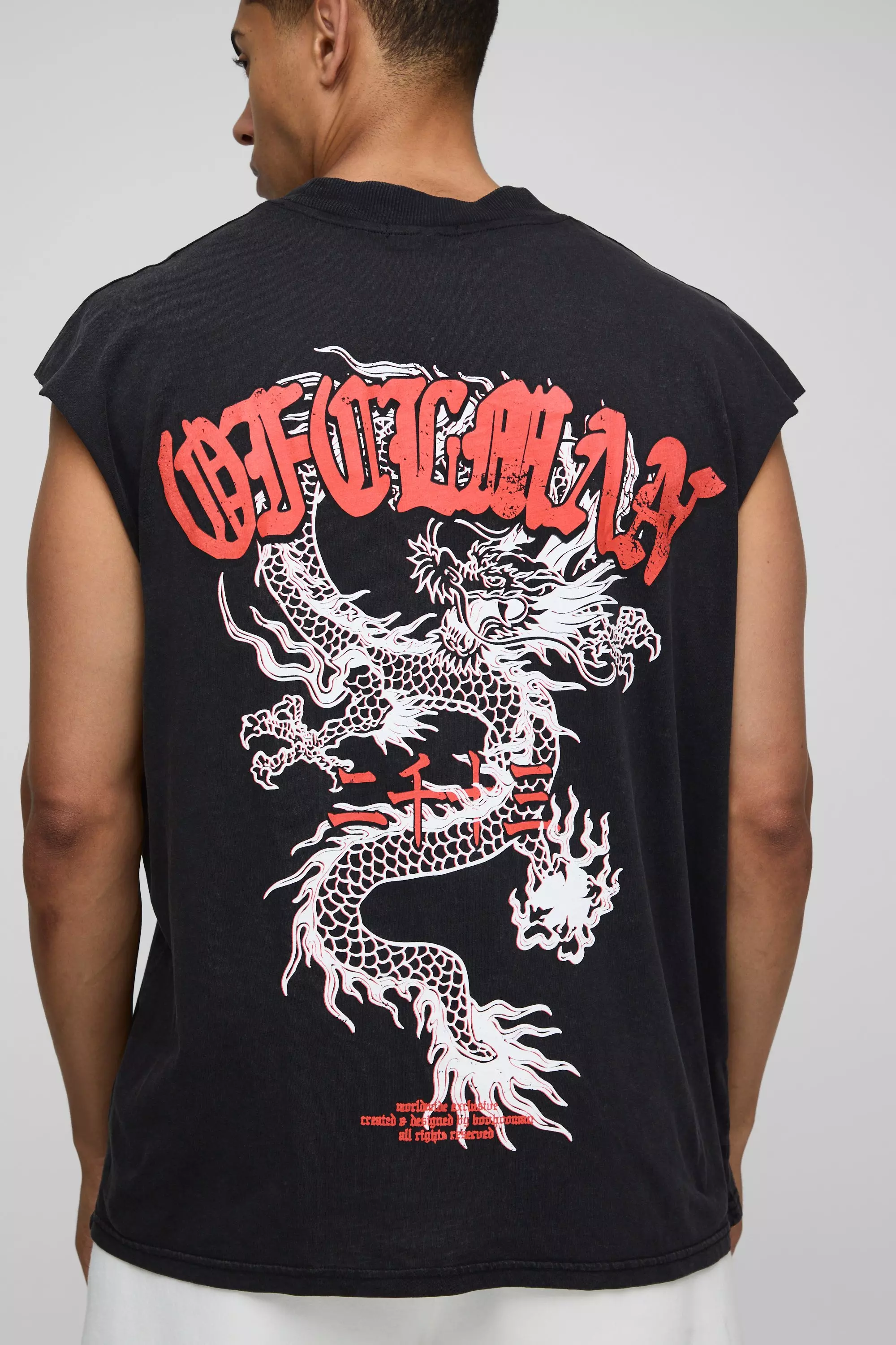 Black Oversized Extended Neck Washed OFCL Man Dragon Graphic Tank Black