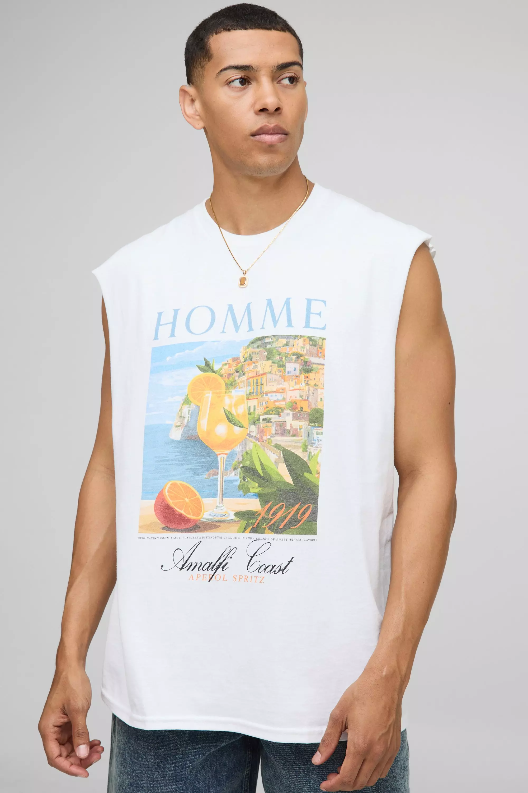 White Oversized Extended Neck Homme Amalfi Coast Landscape Tank White