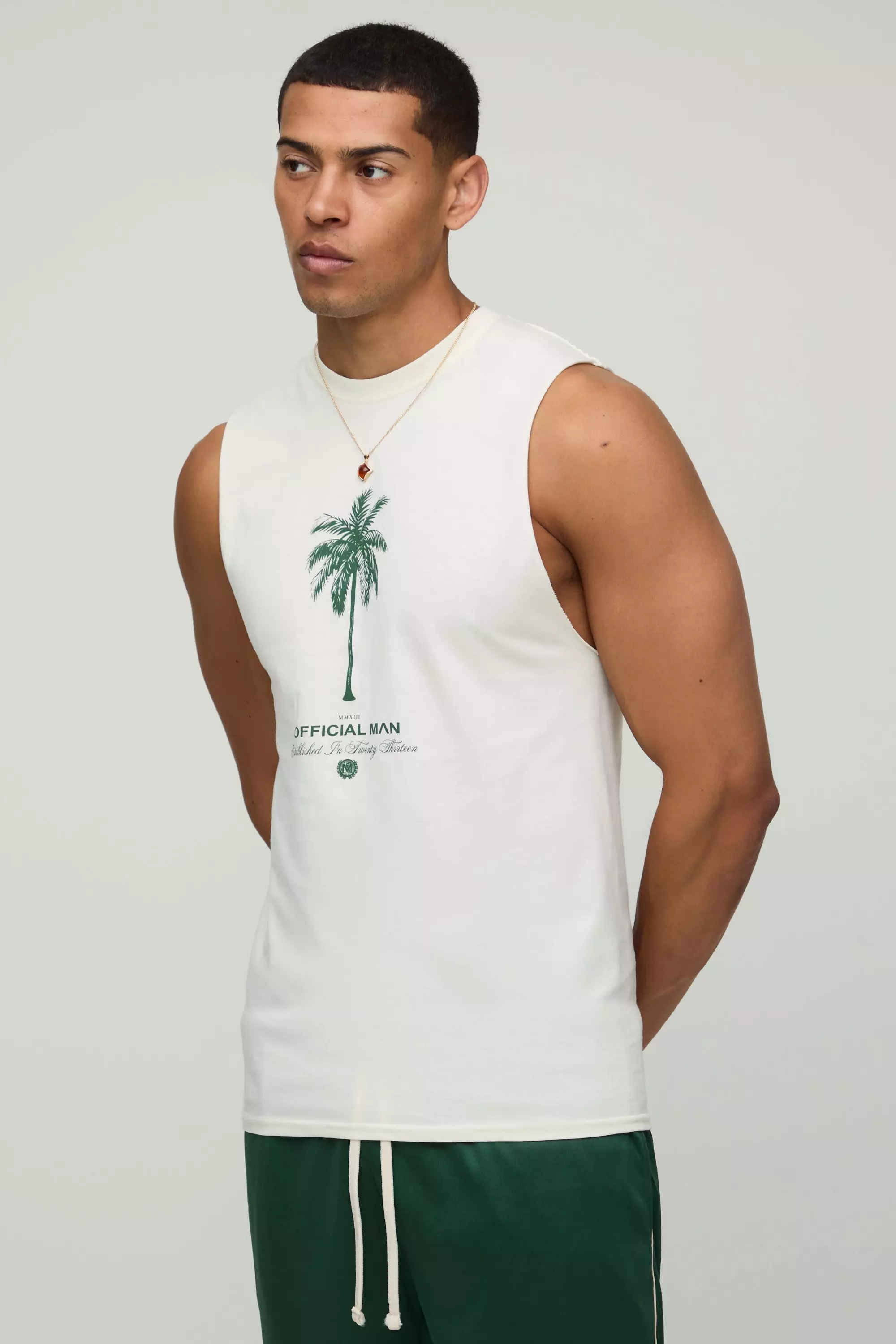 Ecru Oversized Extended Neck Palm Print Tank Ecru