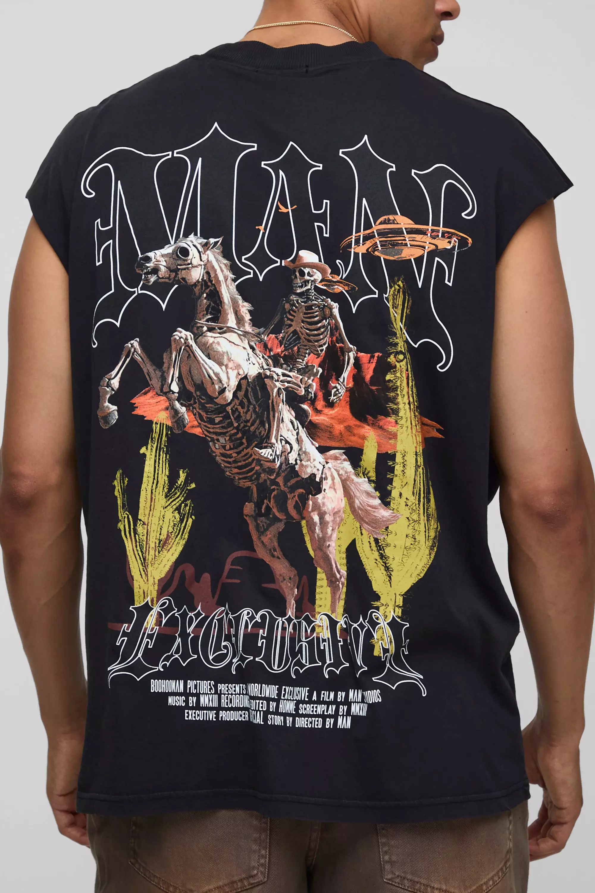 Black Oversized Extended Neck Washed Western Graphic Tank Black