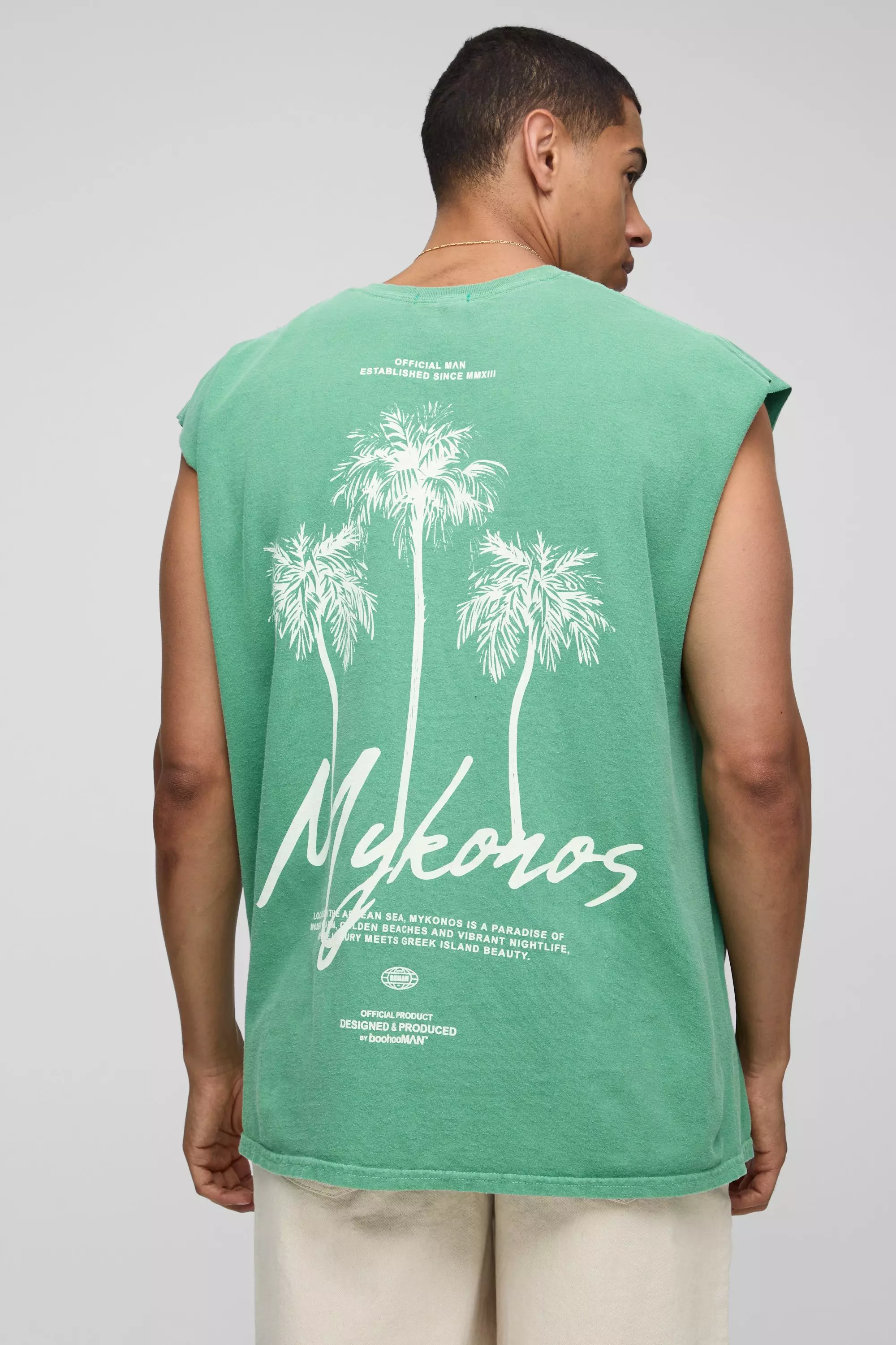 Green Oversized Washed Mykonos Palm Printed Tank Green