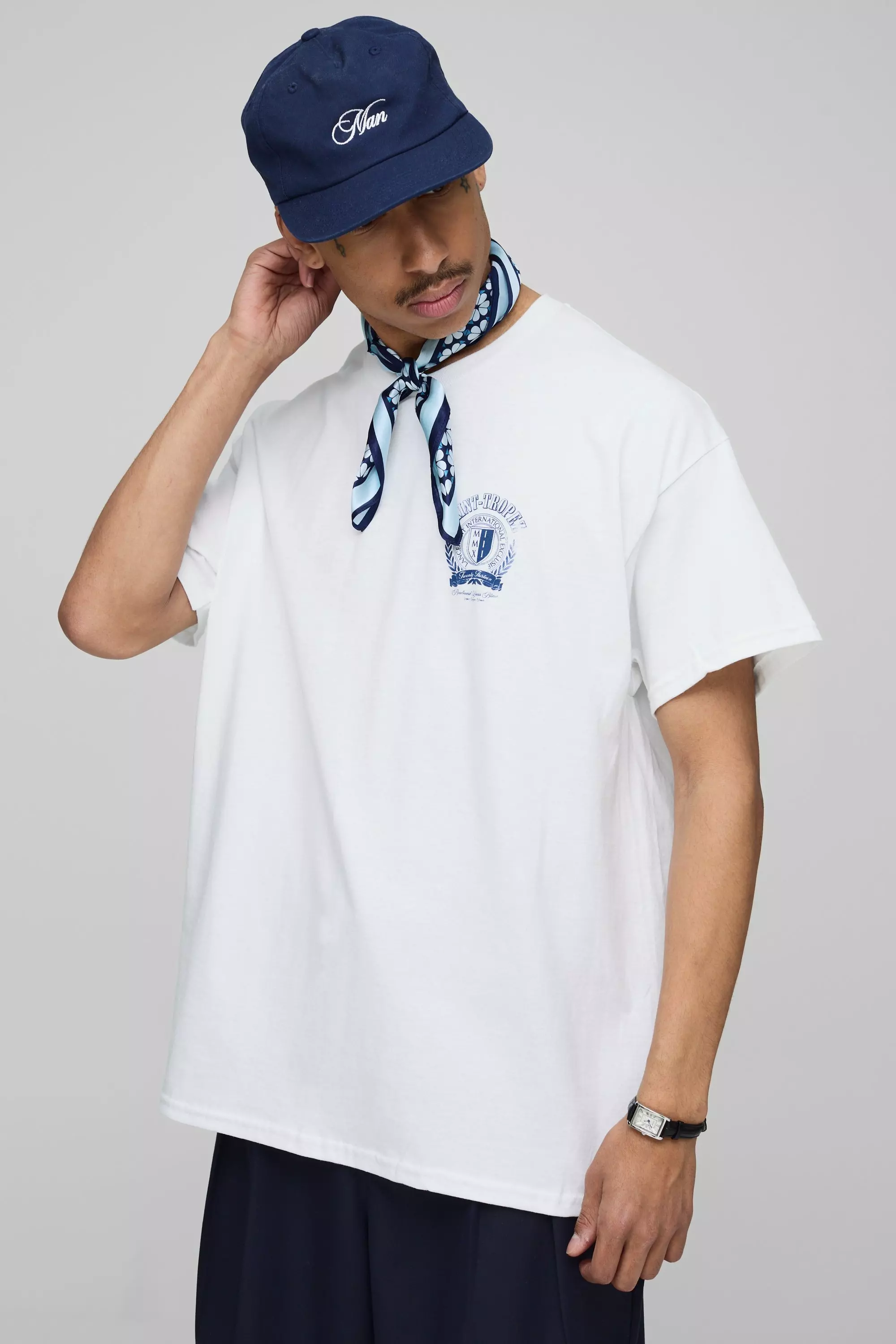 White Oversized Saint Tropez Crest Printed T-Shirt | boohooMAN USA