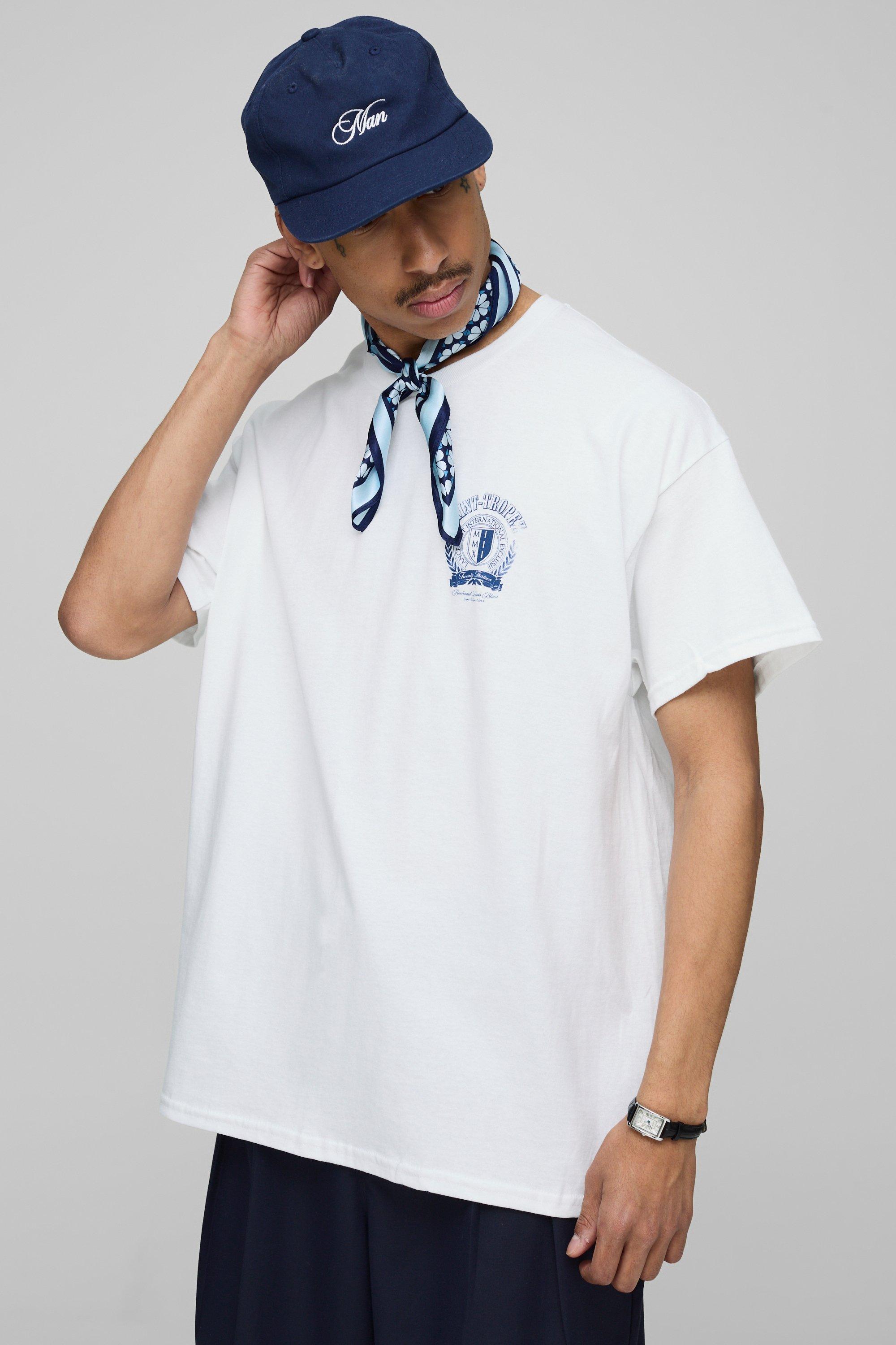 White Oversized Saint Tropez Crest Printed T-Shirt | boohooMAN USA