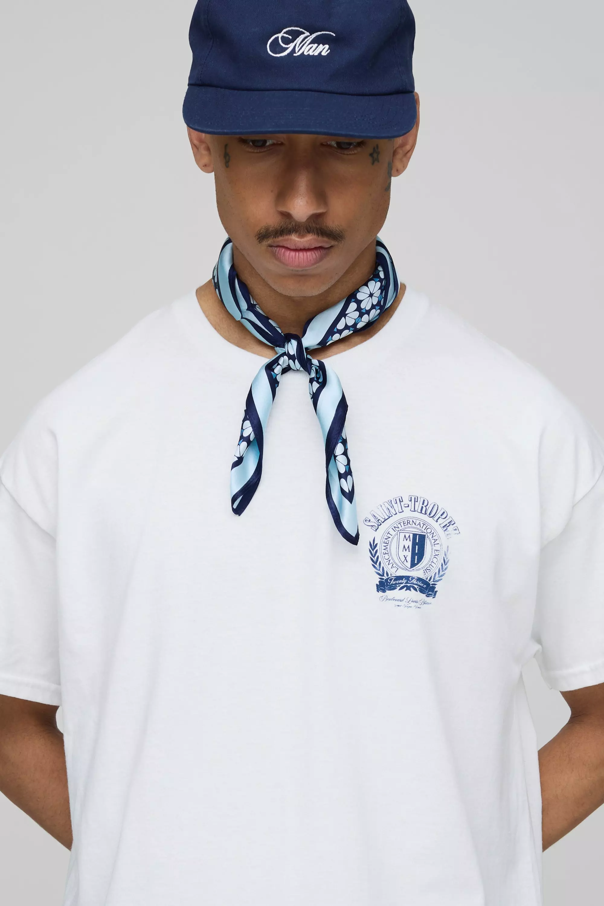 White Oversized Saint Tropez Crest Printed T-Shirt | boohooMAN USA