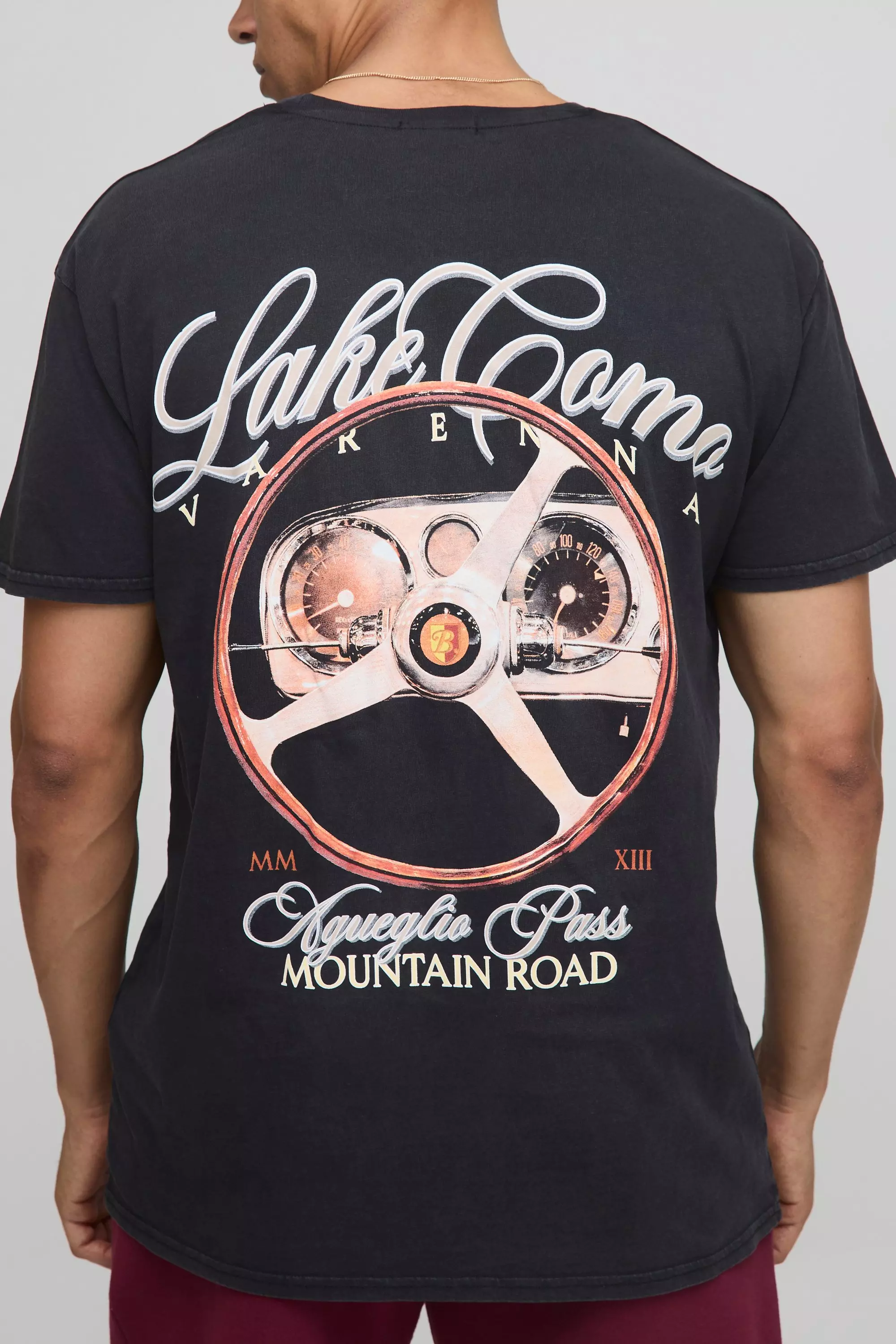 Black Regular Fit Acid Wash Lake Como Printed T-Shirt Black