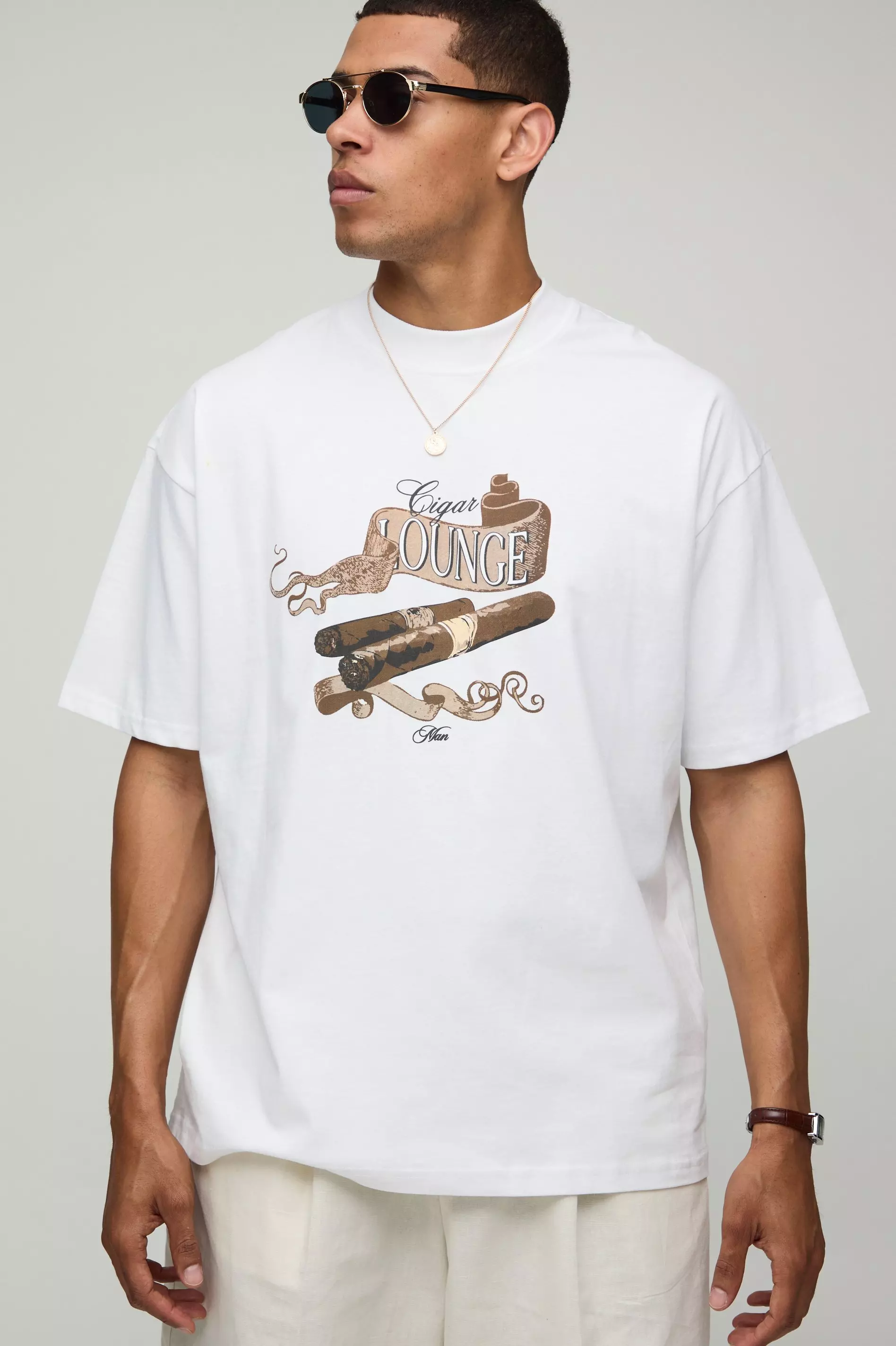 White White Oversized Extended Neck Man Cigar Lounge T-Shirt