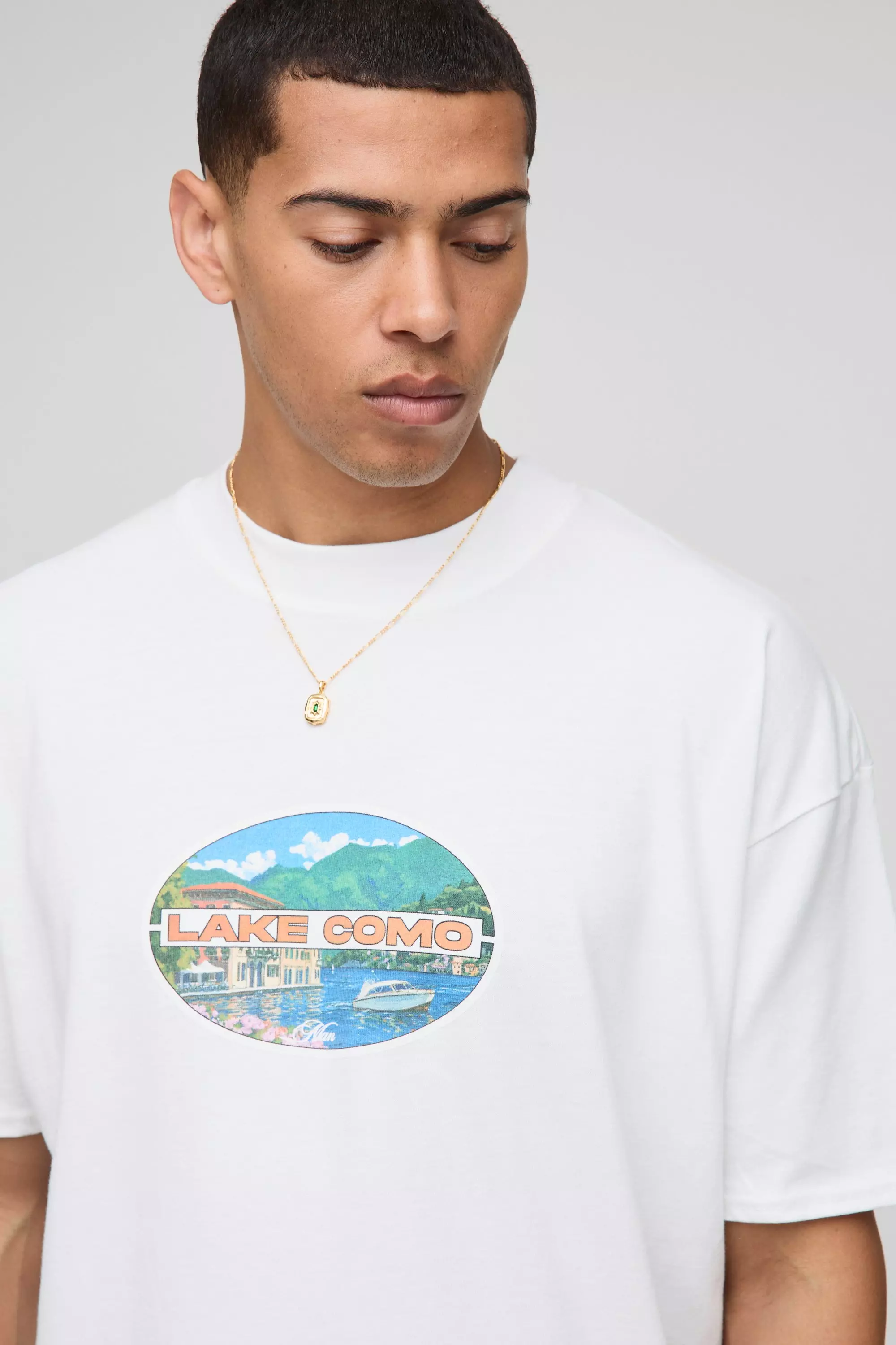 White Oversized Extended Neck MAN Lake Como Graphic T Shirt | boohooMAN USA