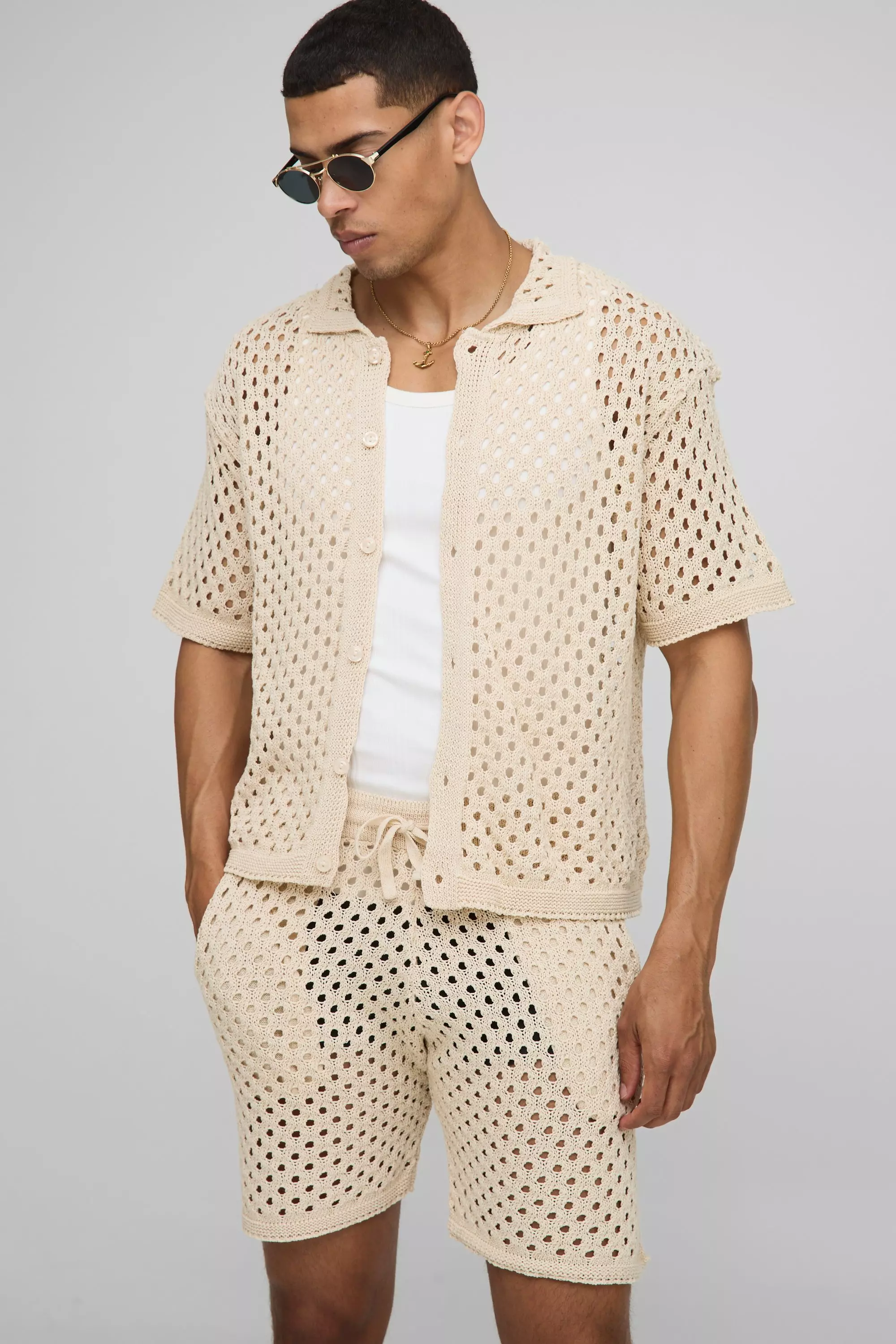 Oversized Boxy Open Stitch Shirt & Short Set Stone