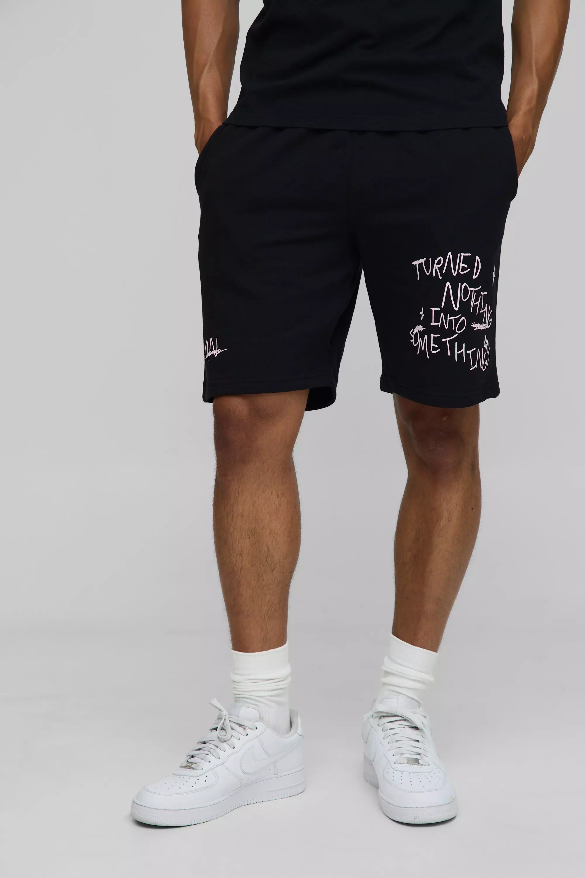 Regular Fit Man Graffiti Graphic Jersey Shorts Black