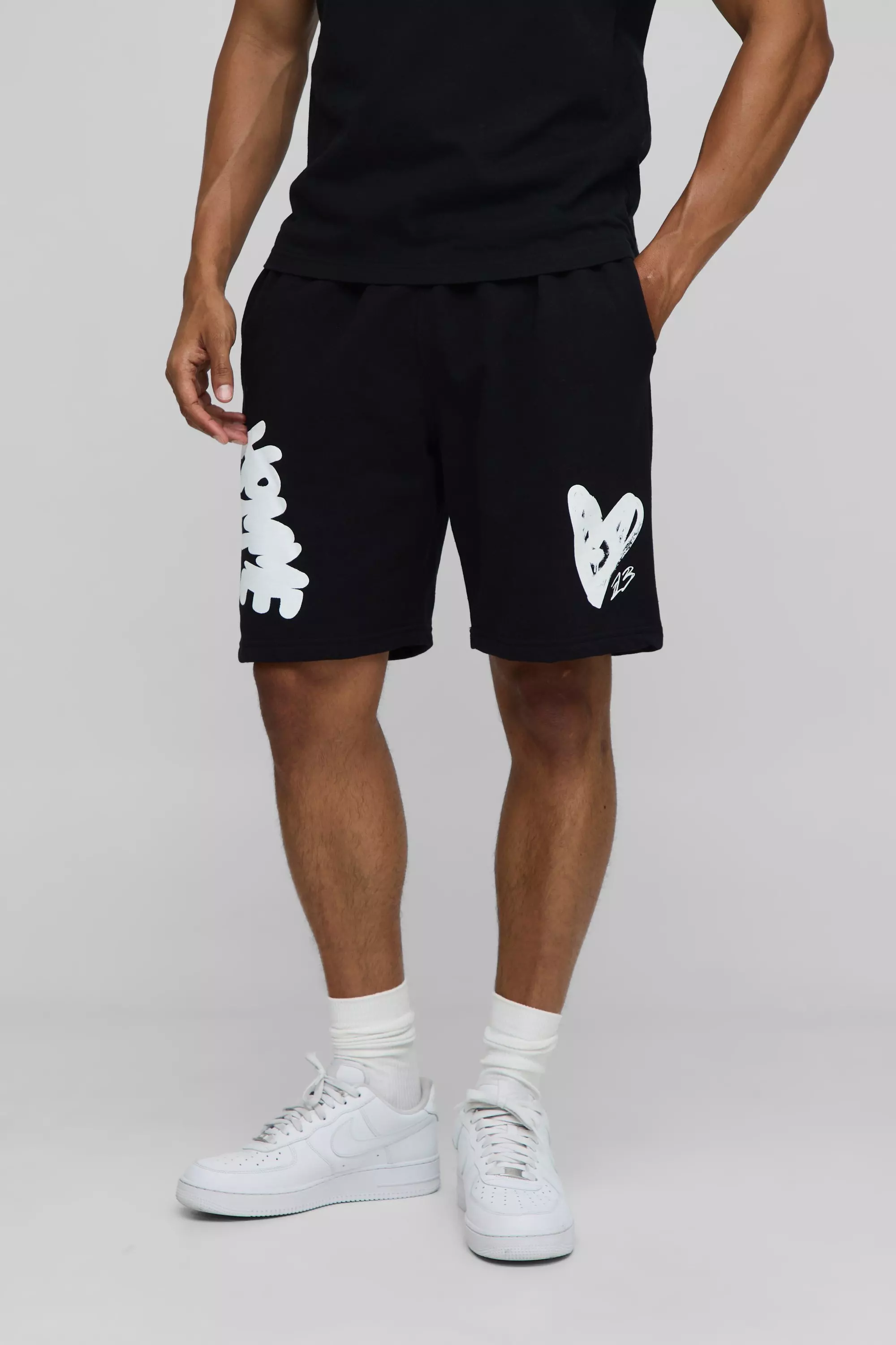 Regular Fit Homme Heart Graphic Jersey Shorts Black