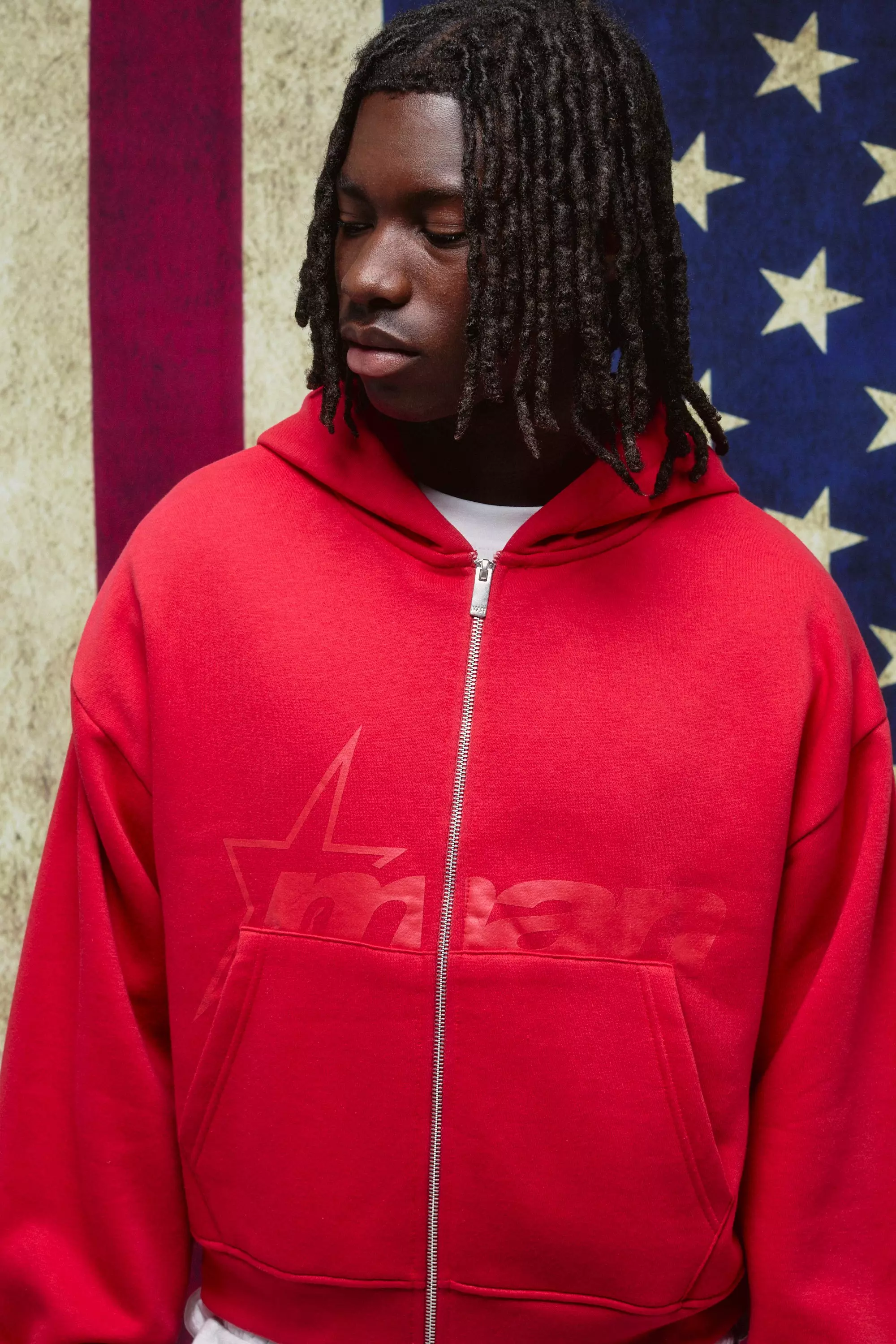Red Shrunken Zip Through M Star Printed Hoodie | boohooMAN USA