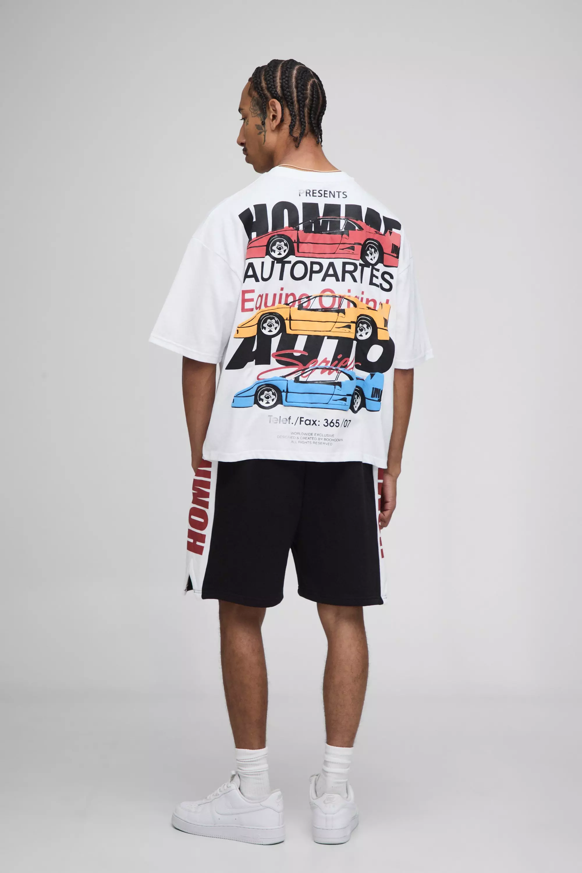 White Oversized Boxy Car Graphic T-Shirt And Volley Short Set | boohooMAN USA