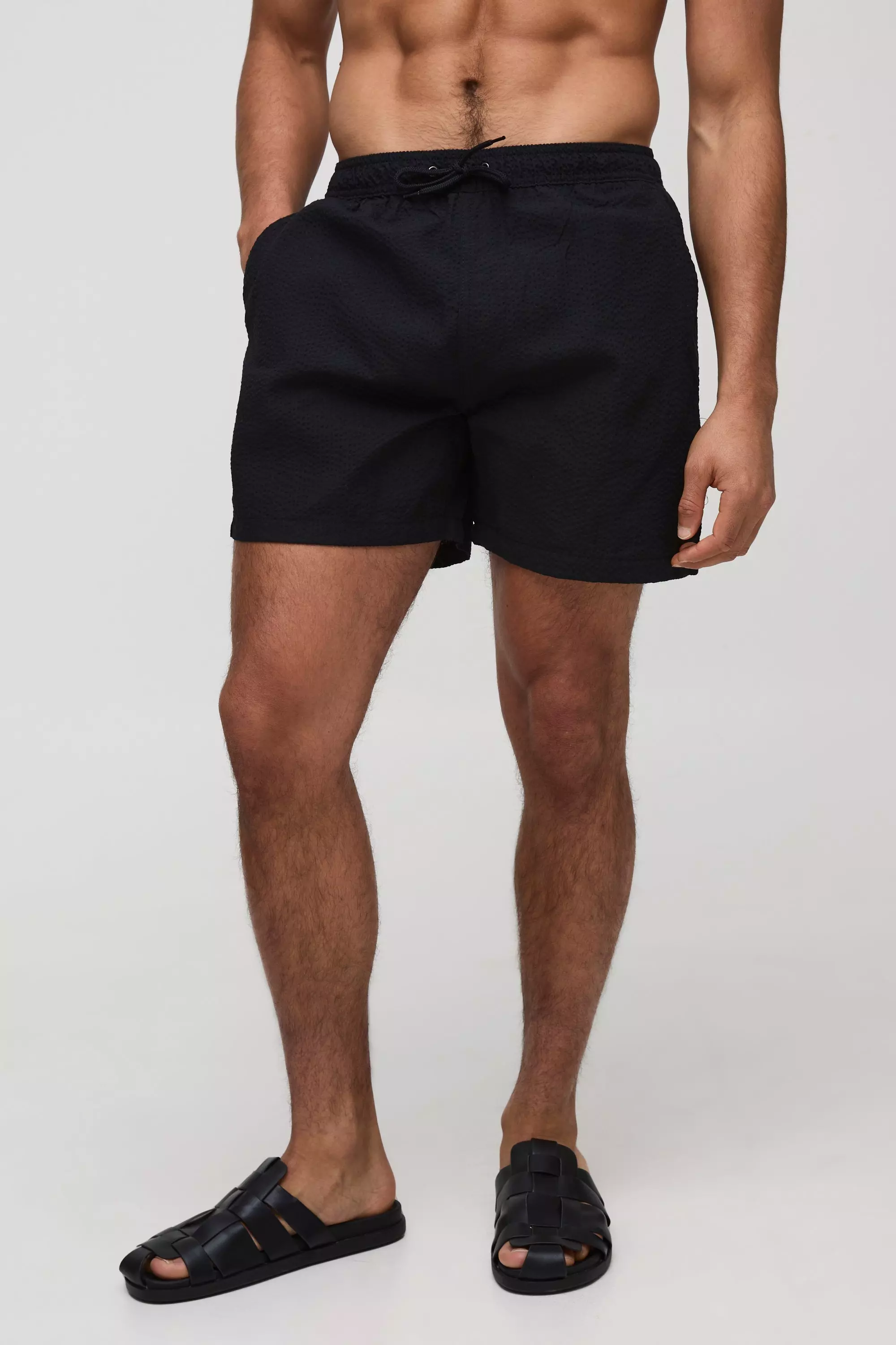 Mid Length Seersucker Swim Short Black