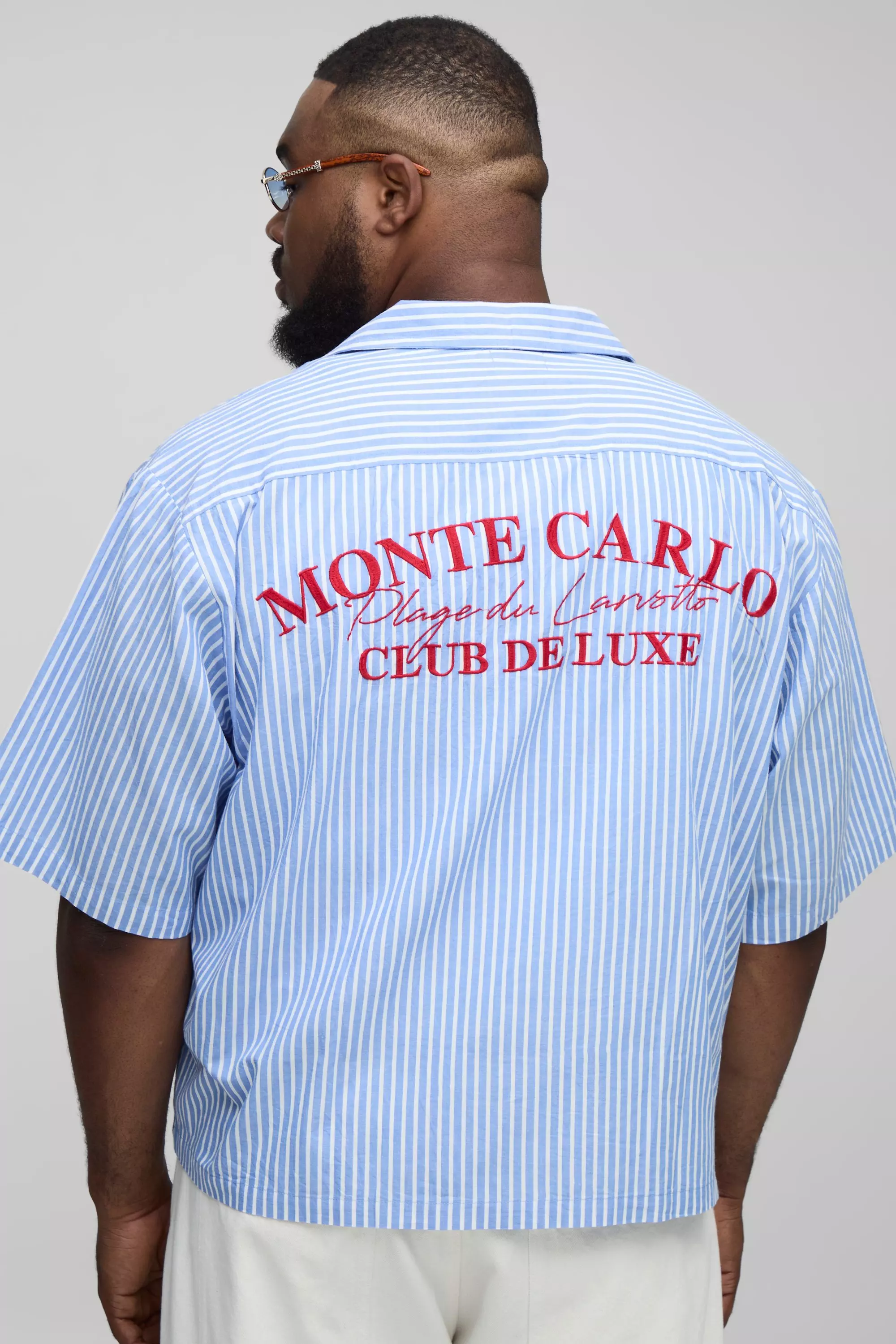 Plus Oversized Monte Carlo Embroidered Revere Stripe Shirt