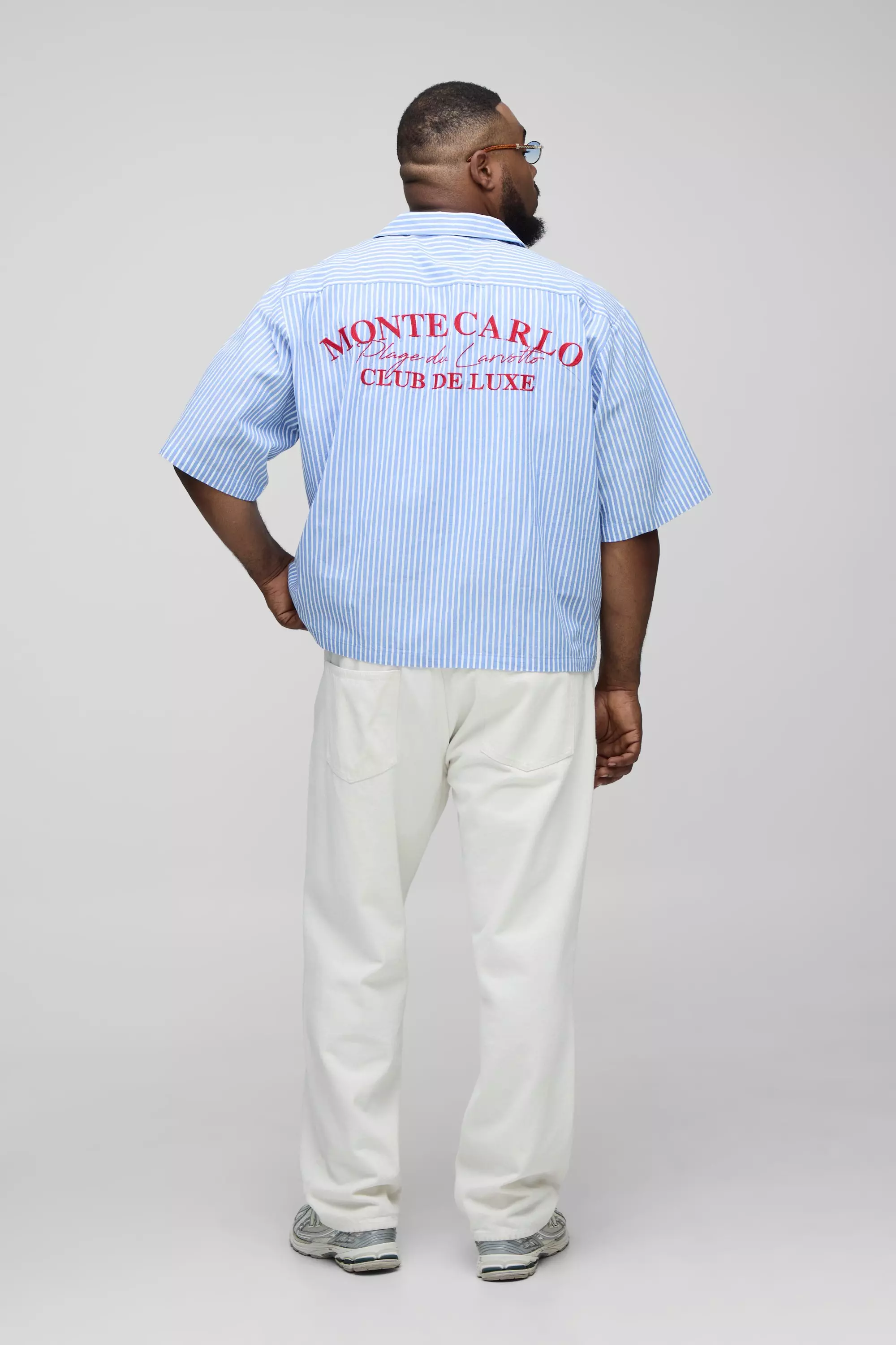 Plus Oversized Monte Carlo Embroidered Revere Stripe Shirt