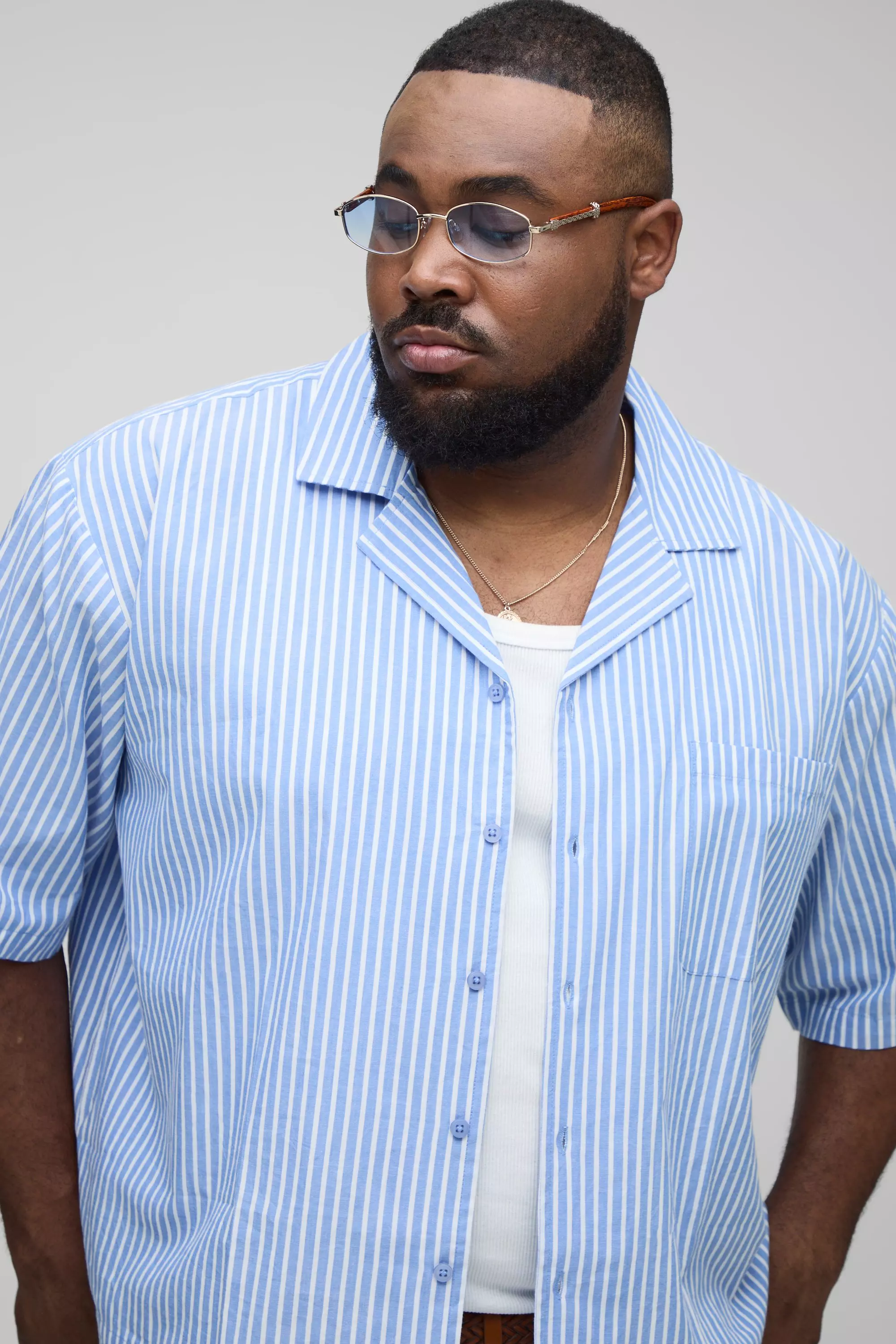 Plus Oversized Monte Carlo Embroidered Revere Stripe Shirt