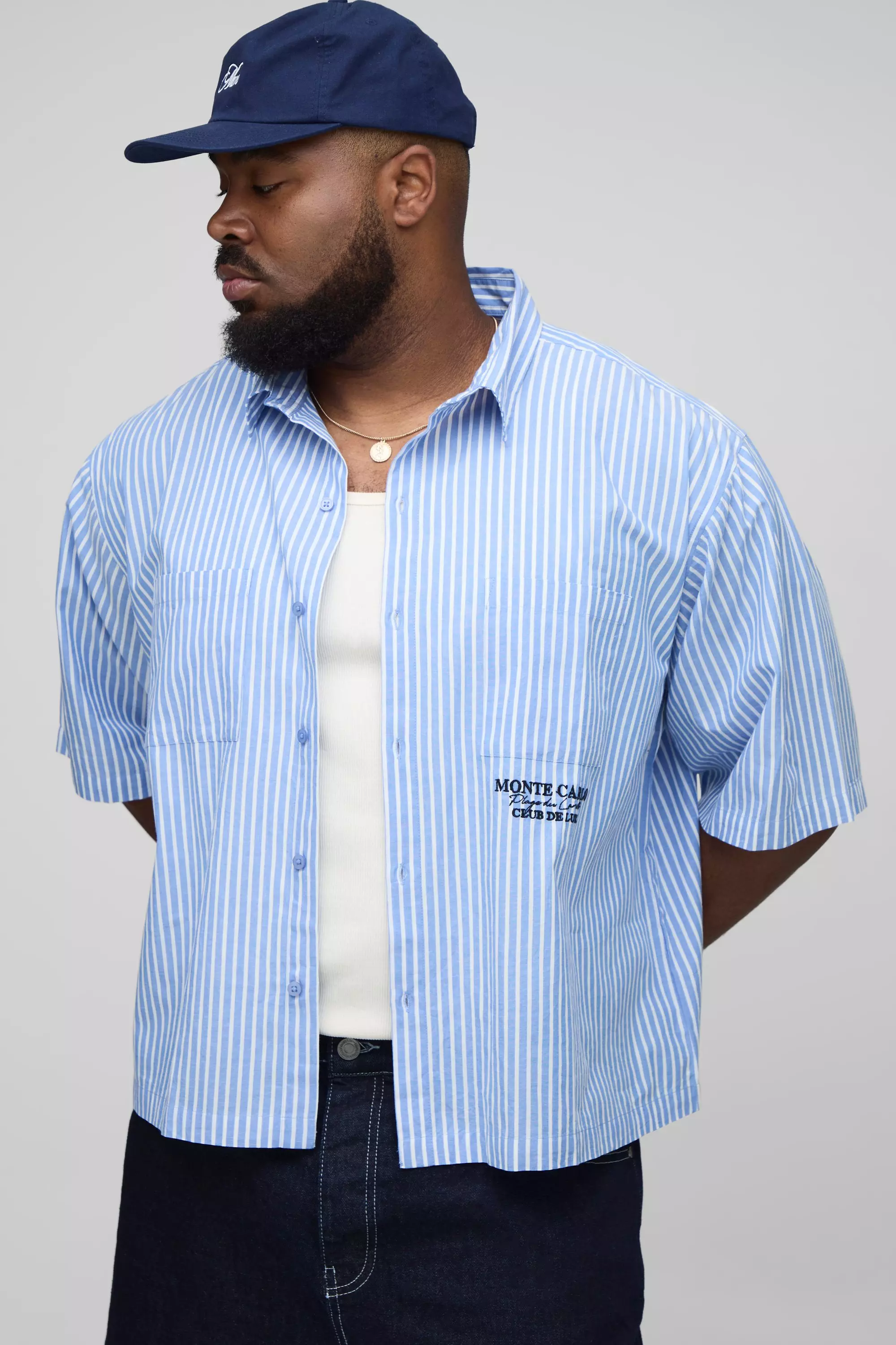 Plus Oversized Boxy Monte Carlo Embroidered Stripe Shirt | boohooMAN USA