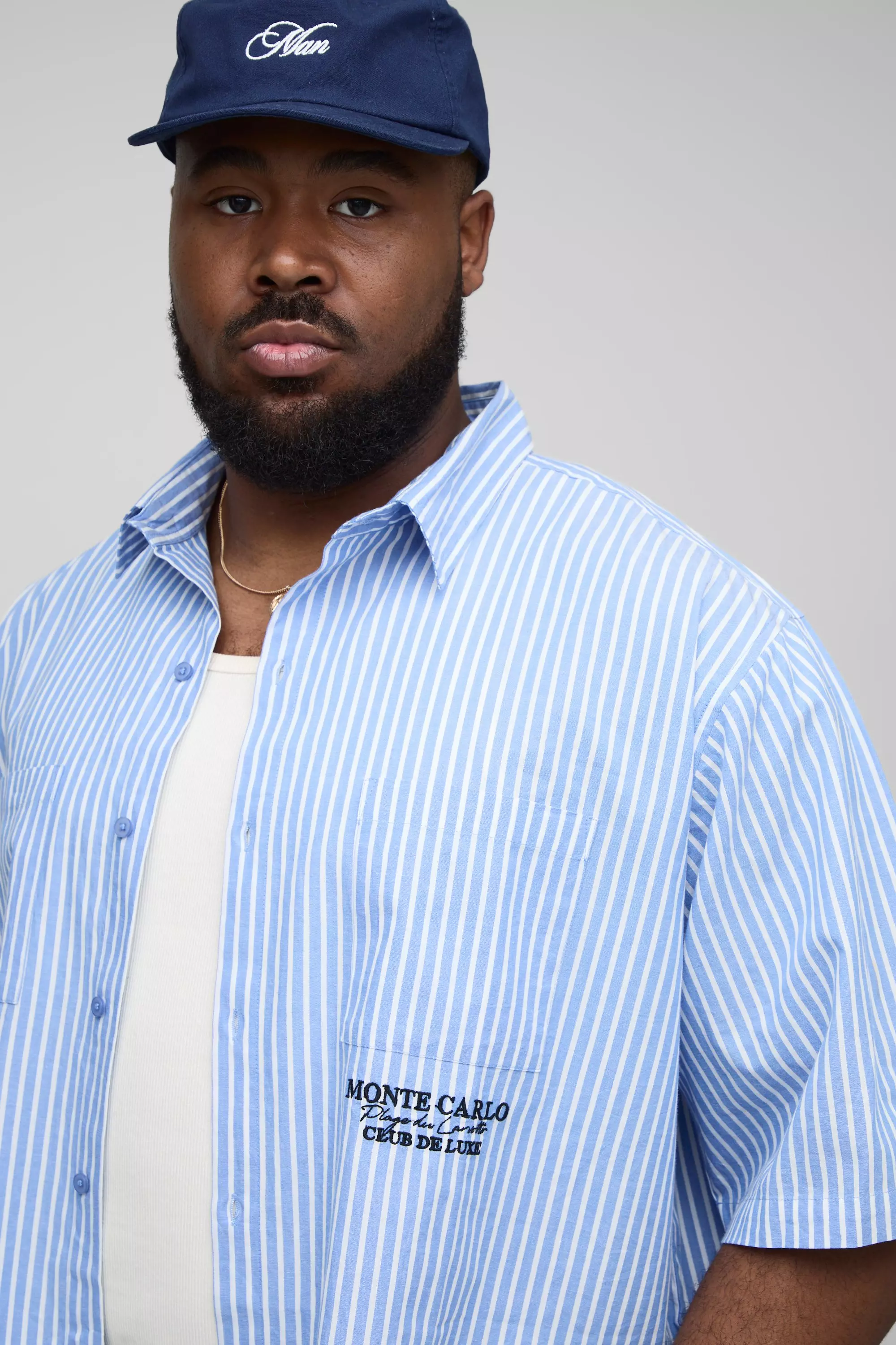 Plus Oversized Boxy Monte Carlo Embroidered Stripe Shirt | boohooMAN USA